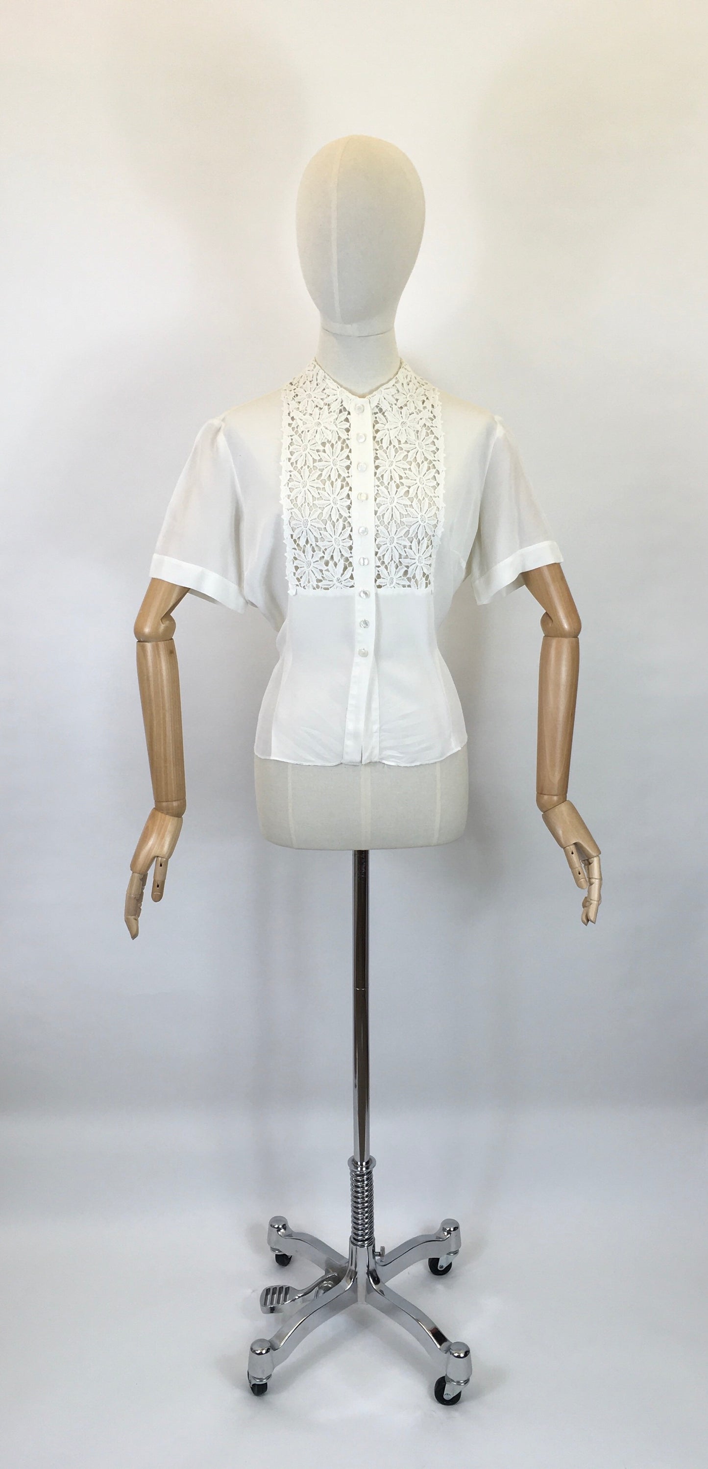 Original 1940’s ‘ Judy Bond’ White Blouse - With Stunning Floral Lace Detailing To The Bodice Panel