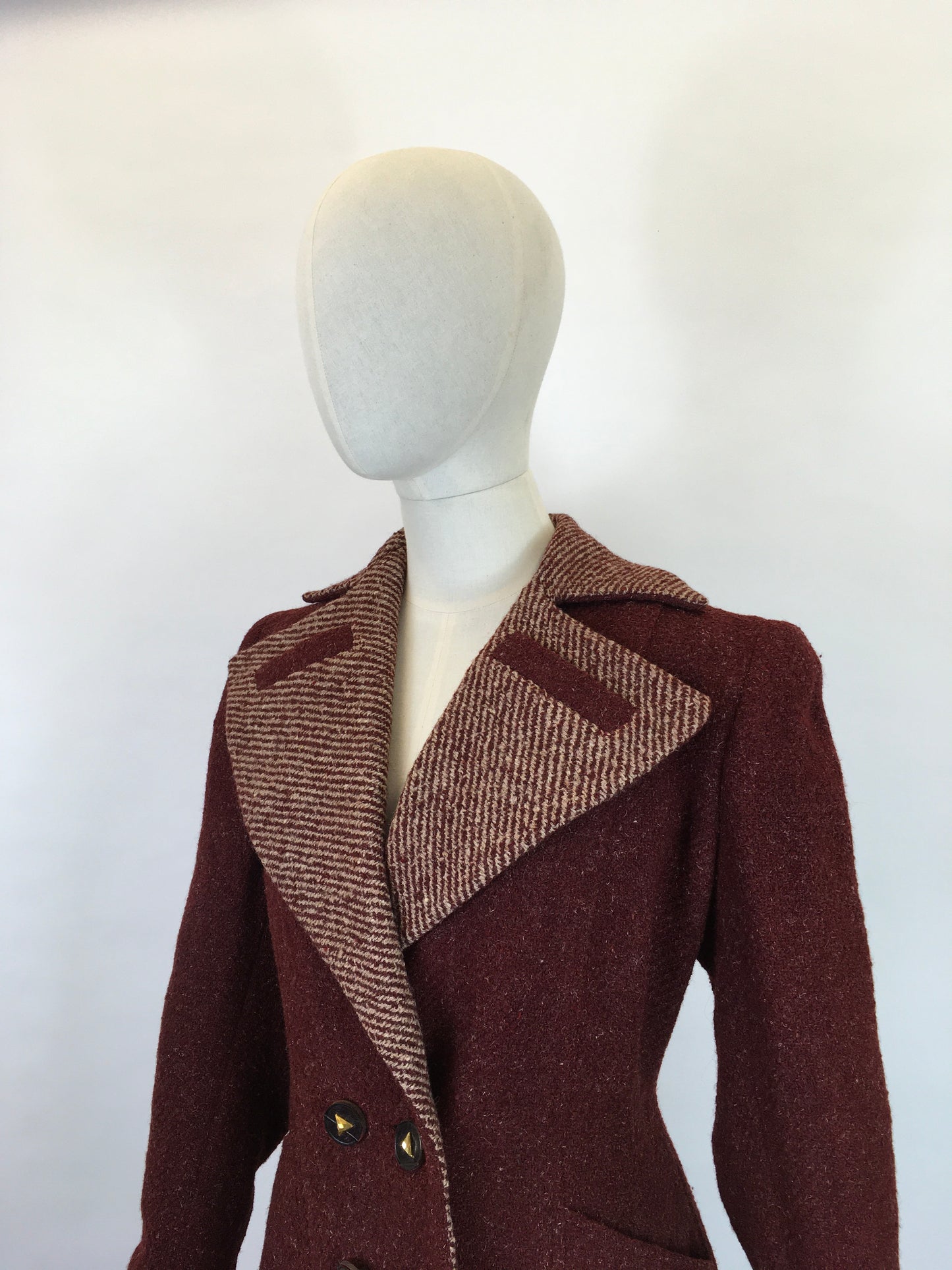 Original 1940’s STUNNING Deep Wine Woollen Coat - With An Impeccable 40’s Silhouette & Detailing