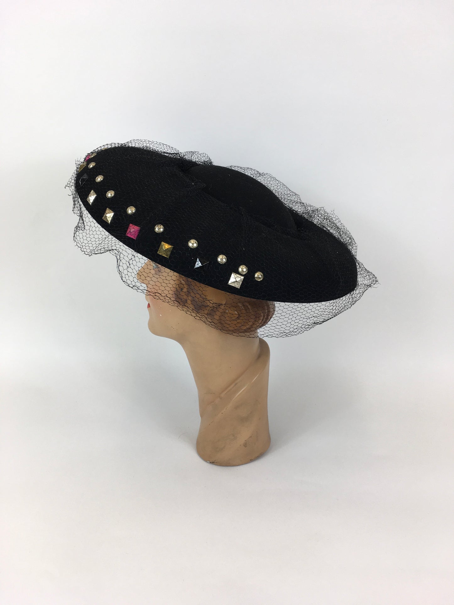 Original 1940’s SHOWSTOPPING Black Platter Hat - With Coloured Stud Work Detailing & Veiling