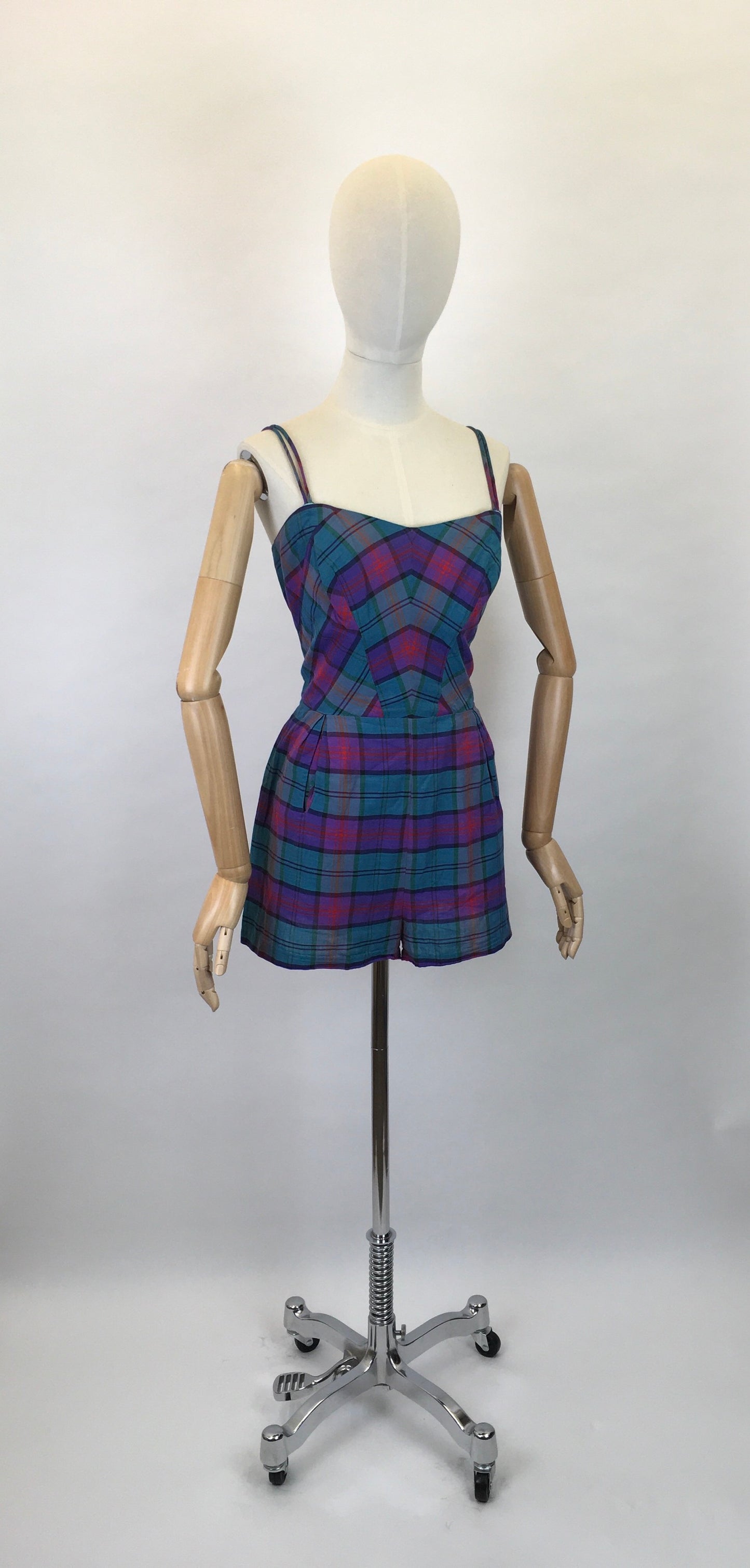 Original 1950s Fabulous Summer Playsuit - In a Gorgeous Plaid With Rich Purple, Reds, Blues and Bottle Greens