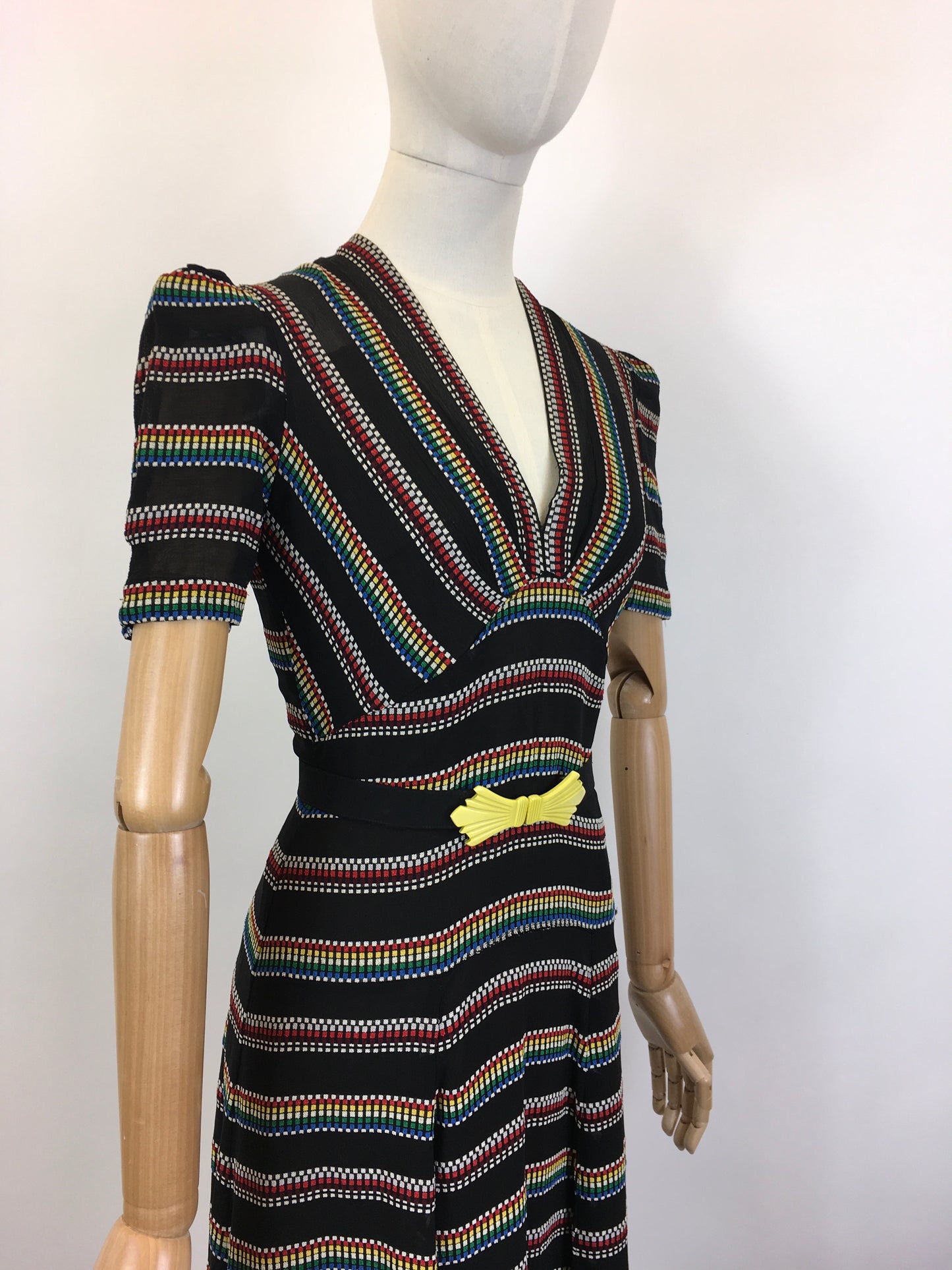 Original 1930’s Stunning Dress in a Sheer Crepe - With A Multicoloured Embroidered Weave
