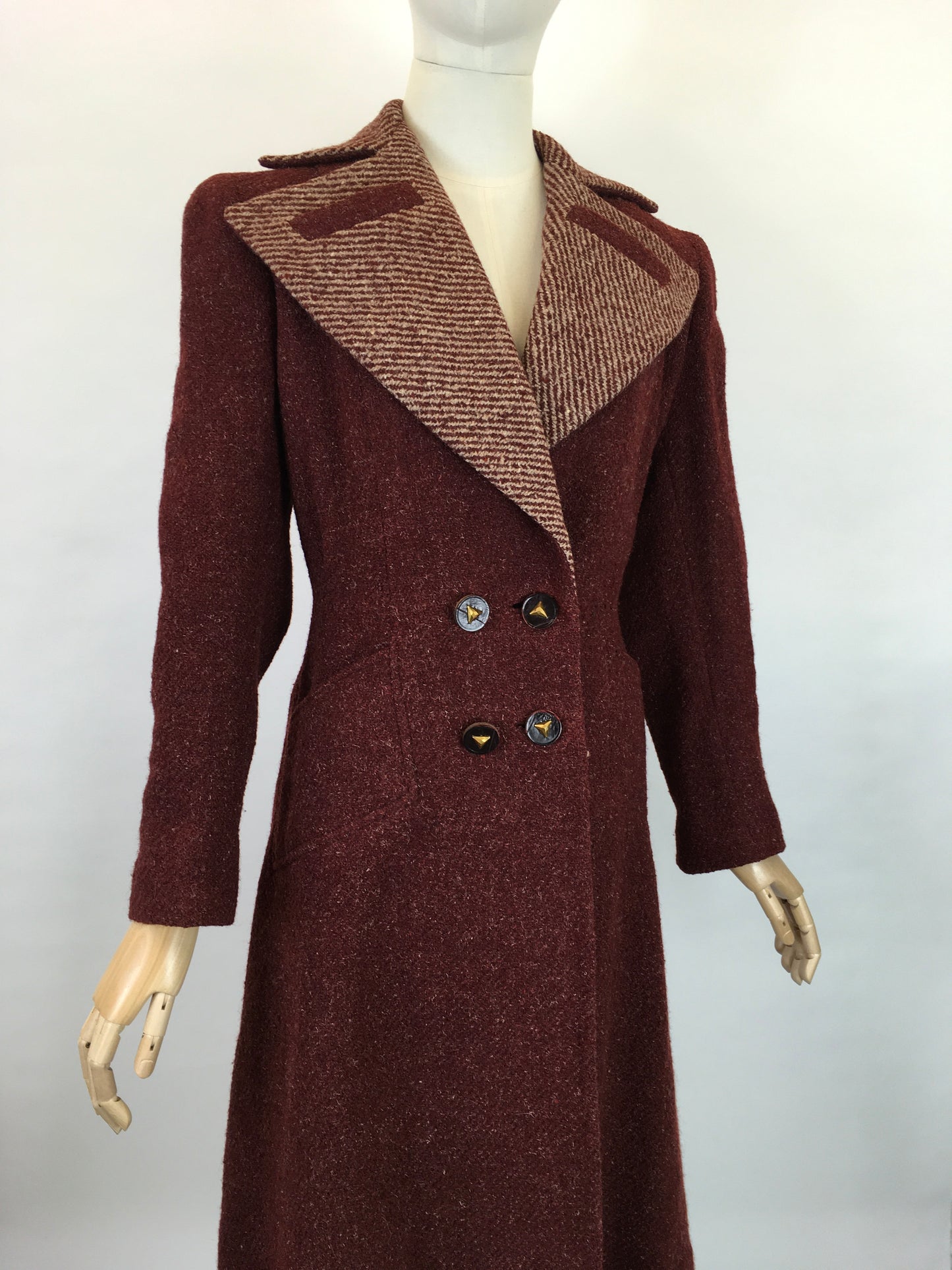 Original 1940’s STUNNING Deep Wine Woollen Coat - With An Impeccable 40’s Silhouette & Detailing
