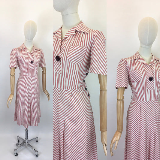 Original 1940s Darling Cotton Day Dress - In A Beautiful Pale Cranberry & White Stripe