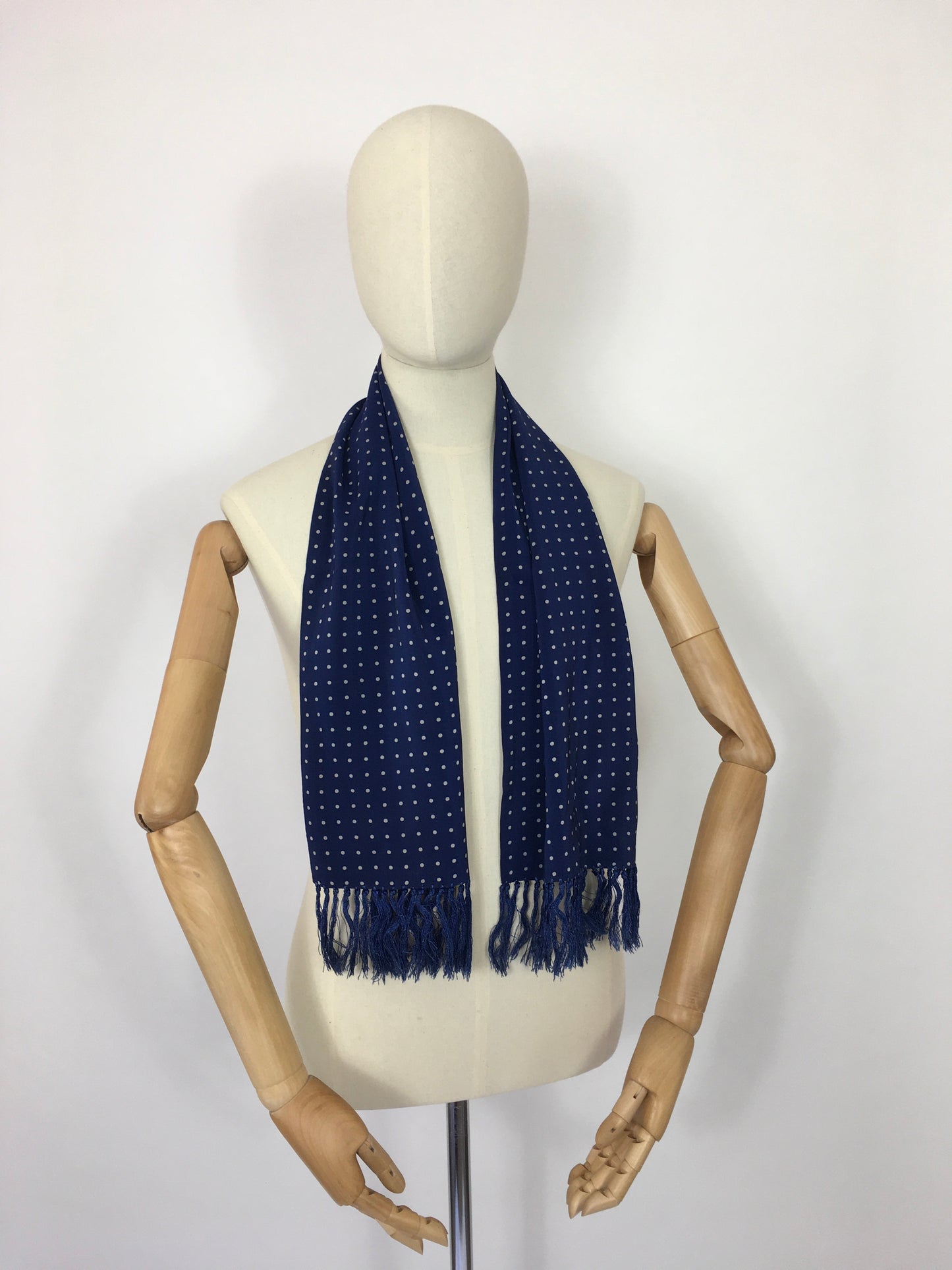 Original 1940’s Mens ‘  Tootal ‘ Silk Scarf - In a Lovely Airforce Blue and White Polka Dot