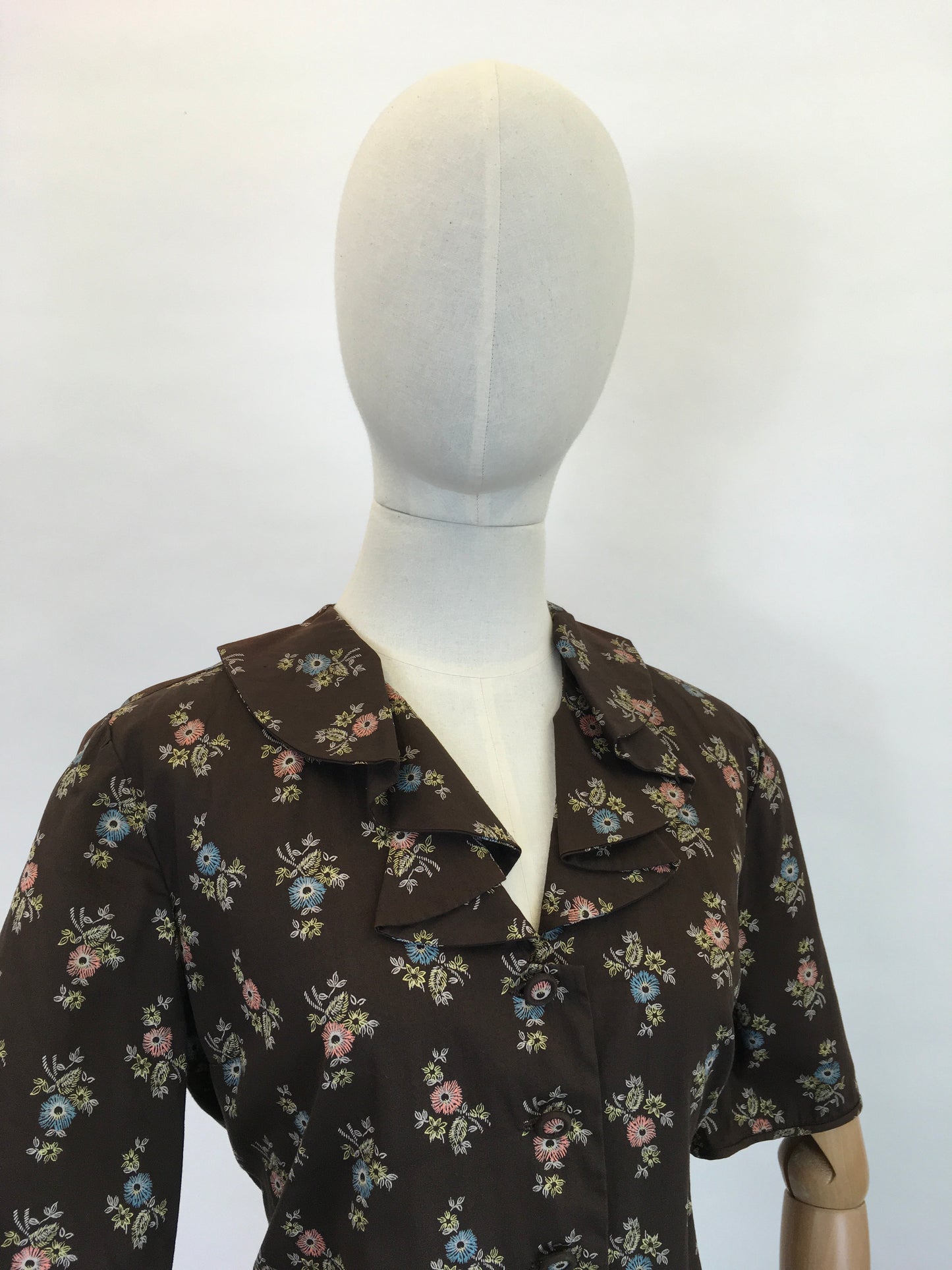 Original 1950’s Cute Floral Handmade Dress - Lovely Warm Brown, Terracotta, Blue and Greens