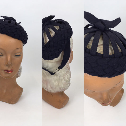 Original 1940s Navy Felt Topper Hat - Featuring Lattice and Weave Felt Work with Bow