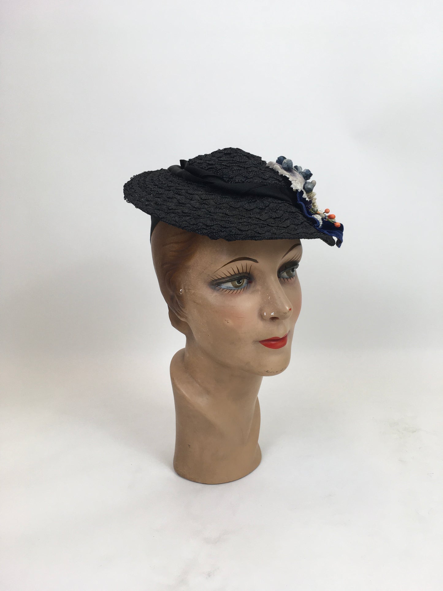 Original 1930's Fabulous Tilt Hat - In Black Straw with Silk Velvet/ Silk and Floral Millinery Adornments