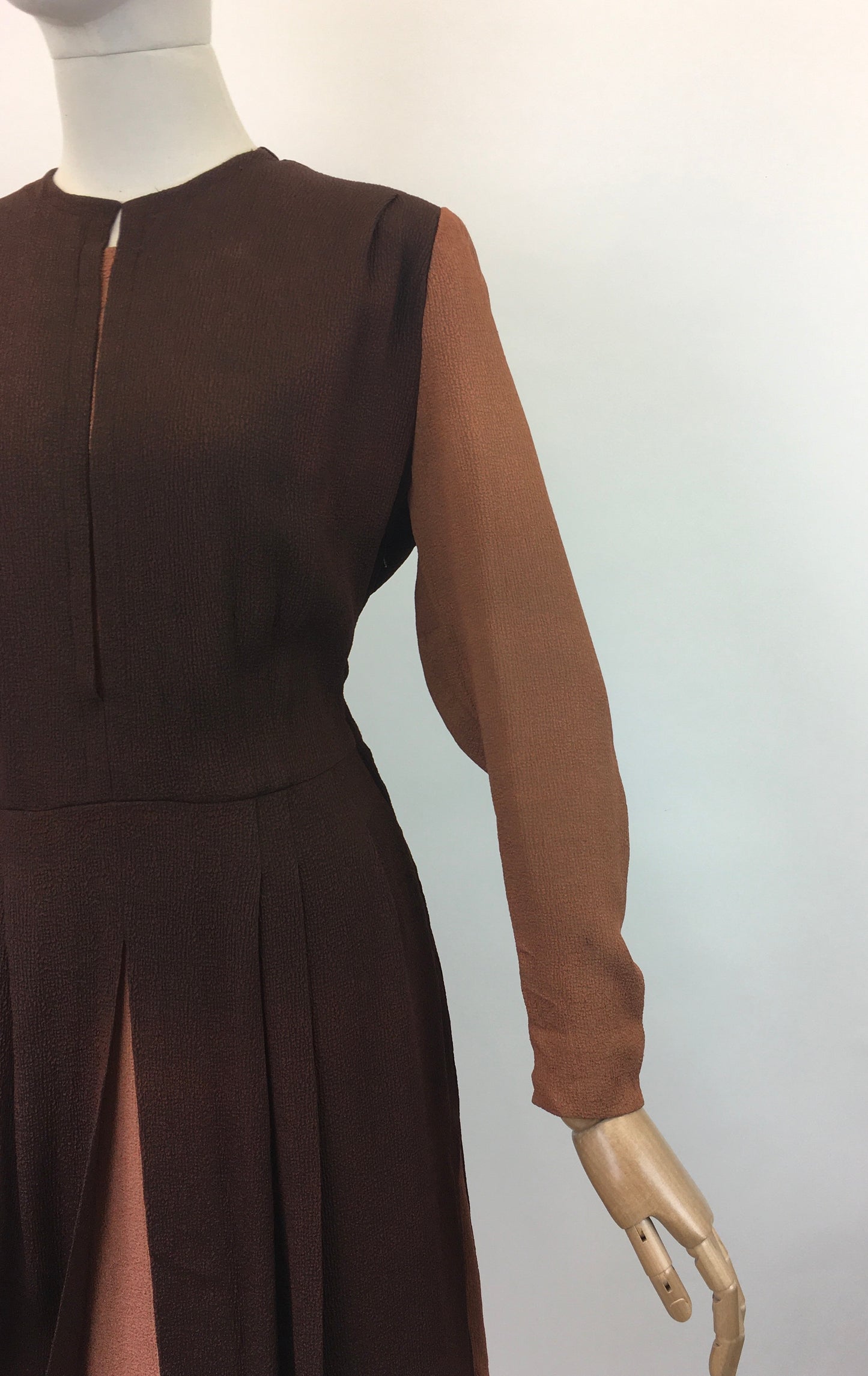 Original Sensational Late 1930's Early 1940's Dress - In Chocolate Brown and Warm Cinnamon Waffle Crepe