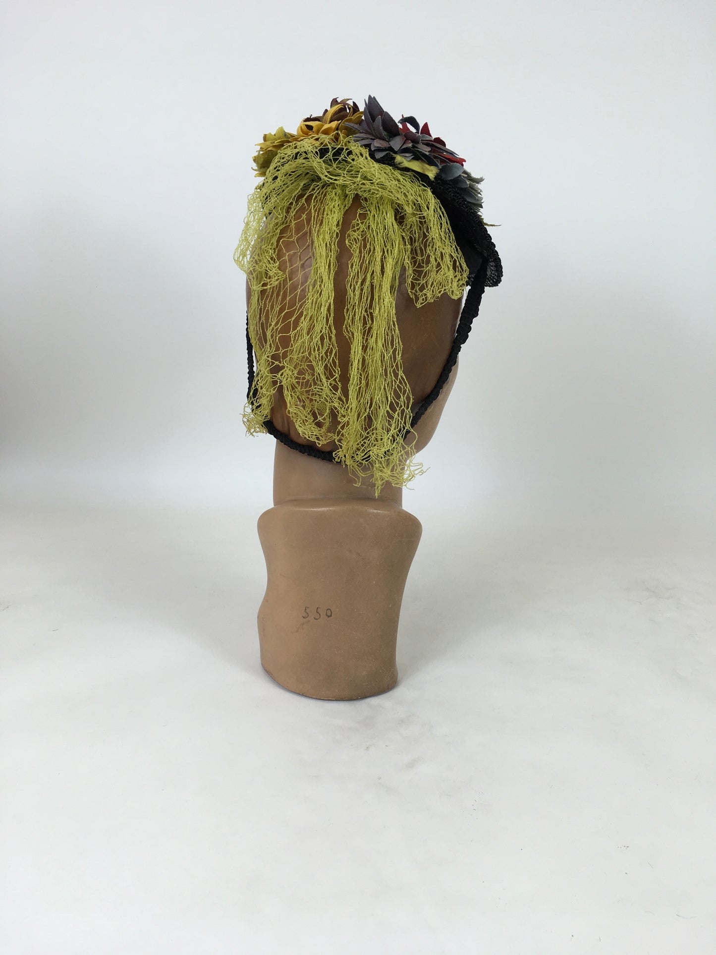 Original 1940's Fabulous Black Topper Tilt Hat - With Pops Of Chartreuse, Red, Lilac & Amber