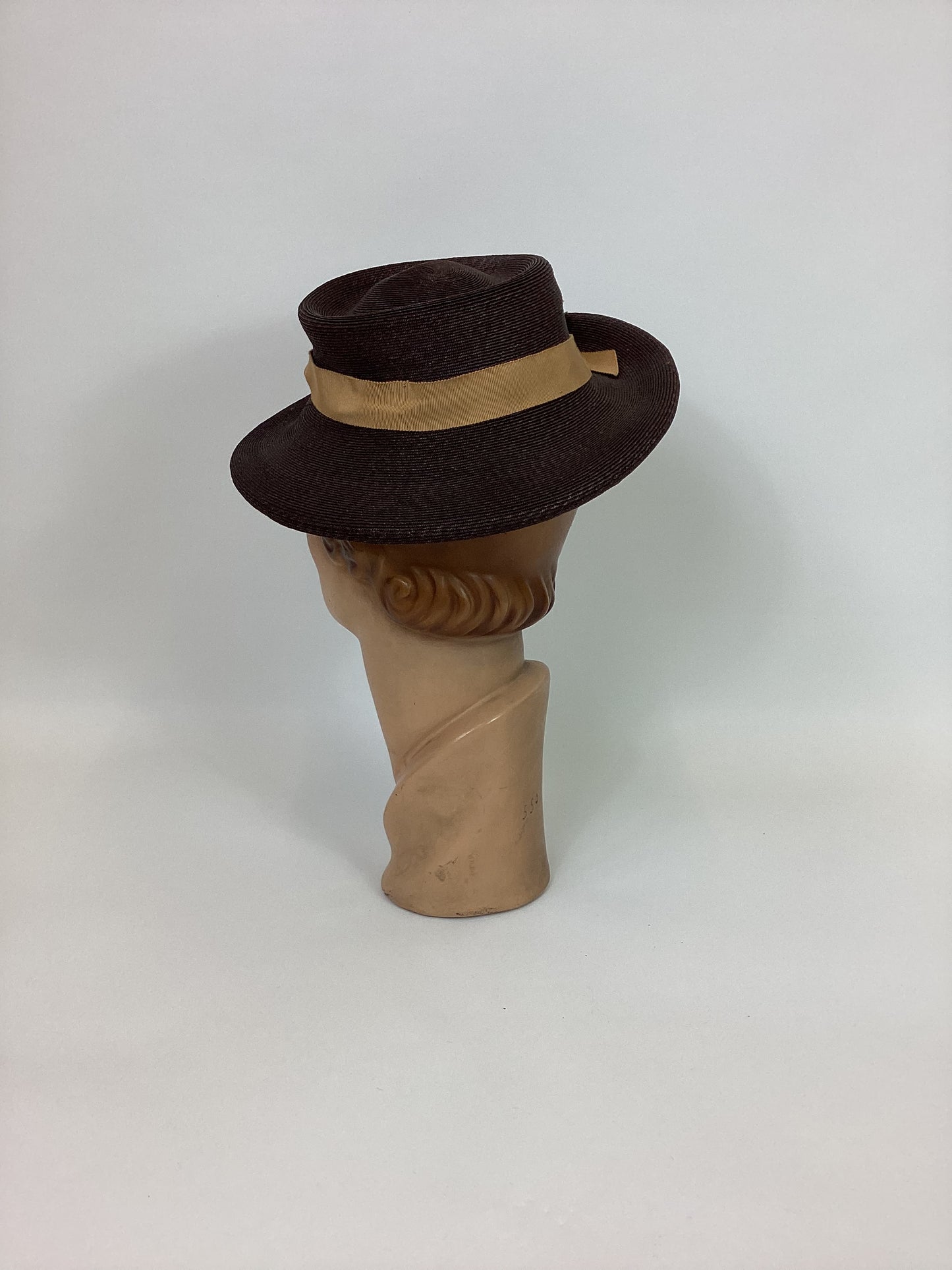Original 1940’s Stunning Straw Topper Hat - In Chocolate Brown With Grosgrain Trim