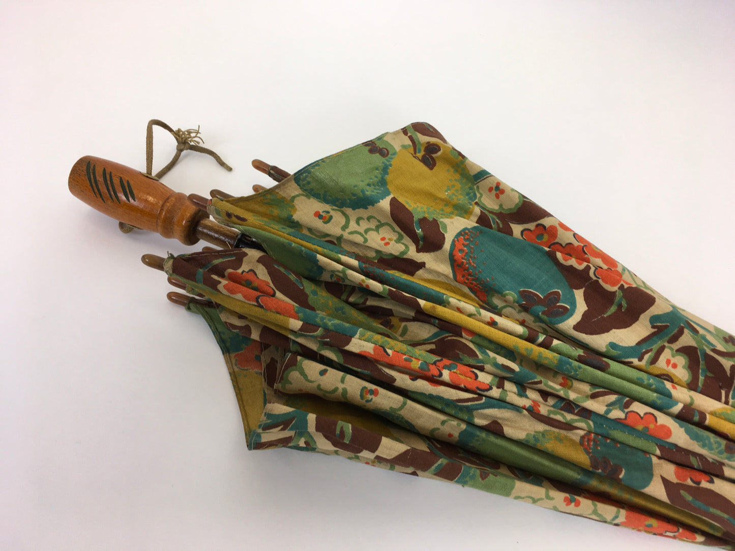 Original 1930s Sun Parasol in a Stunning Floral and Fruit Cotton - In Deco Oranges, Greens, Chartreuse and Teal