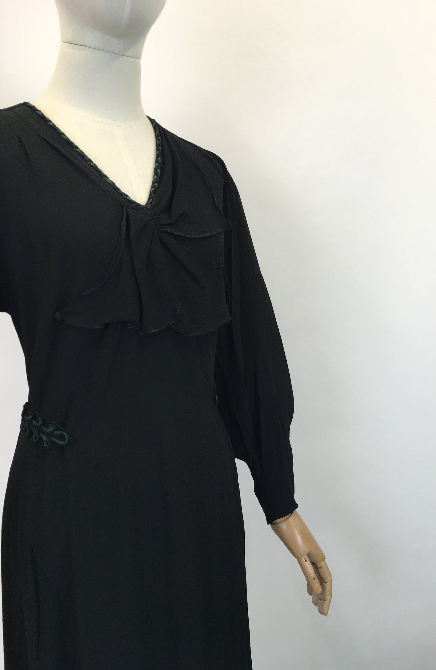 Original 1930's Sensational Evening Dress in Sheer Crepe - In Inky Black with Bottle Green Accents
