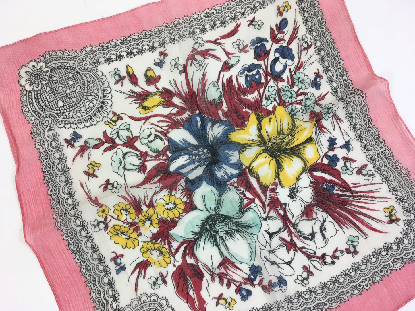 Vintage 1940’s Darling Floral Chiffon Large Hankie / Scarf - In A Springtime Meadow Colour Palette