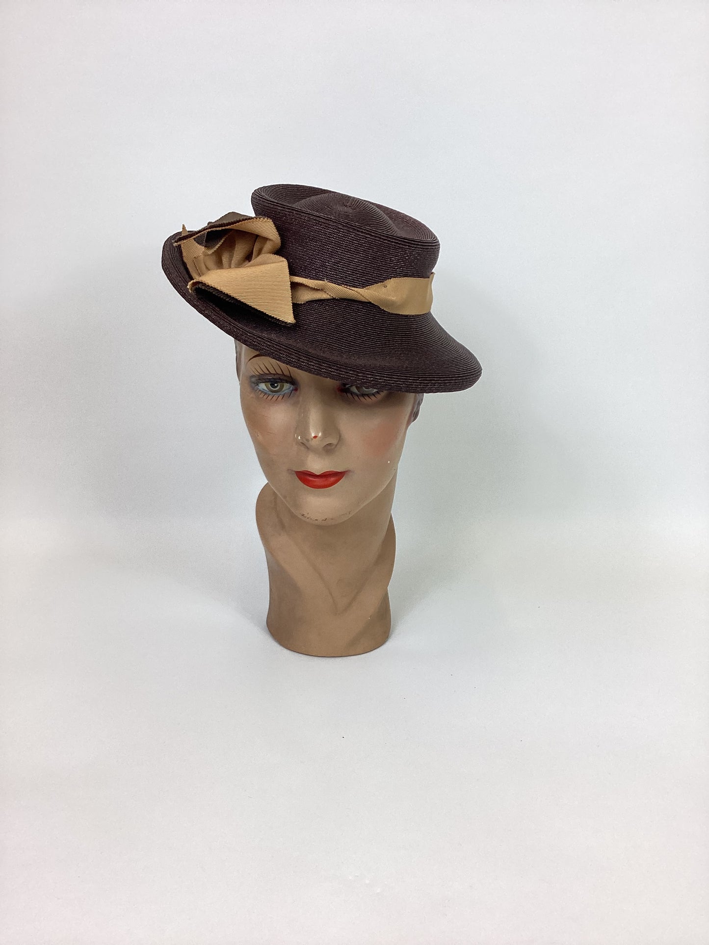 Original 1940’s Stunning Straw Topper Hat - In Chocolate Brown With Grosgrain Trim