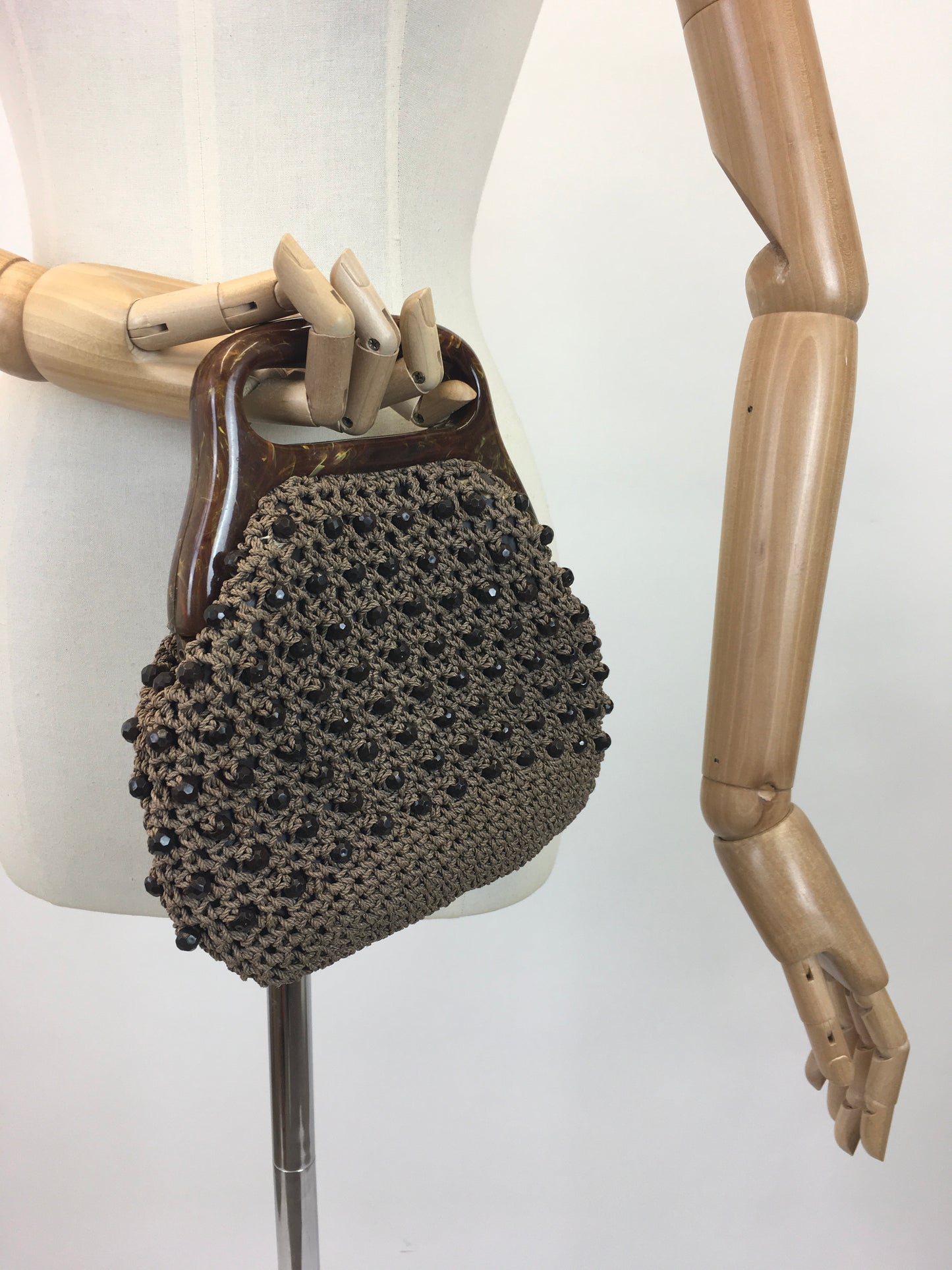 Original 1950's Fabulous Crochet Handbag - With Early Plastic Marbled Handle and Beadwork