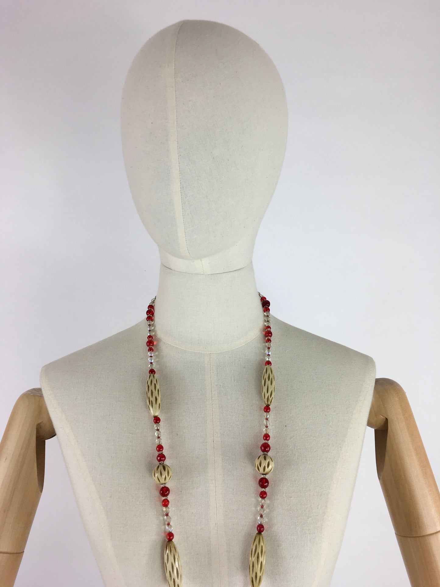 Original 1930s Long Line Necklace - In a Contrast Glass Bead and Celluloid in Reds, Clear and Soft Cream