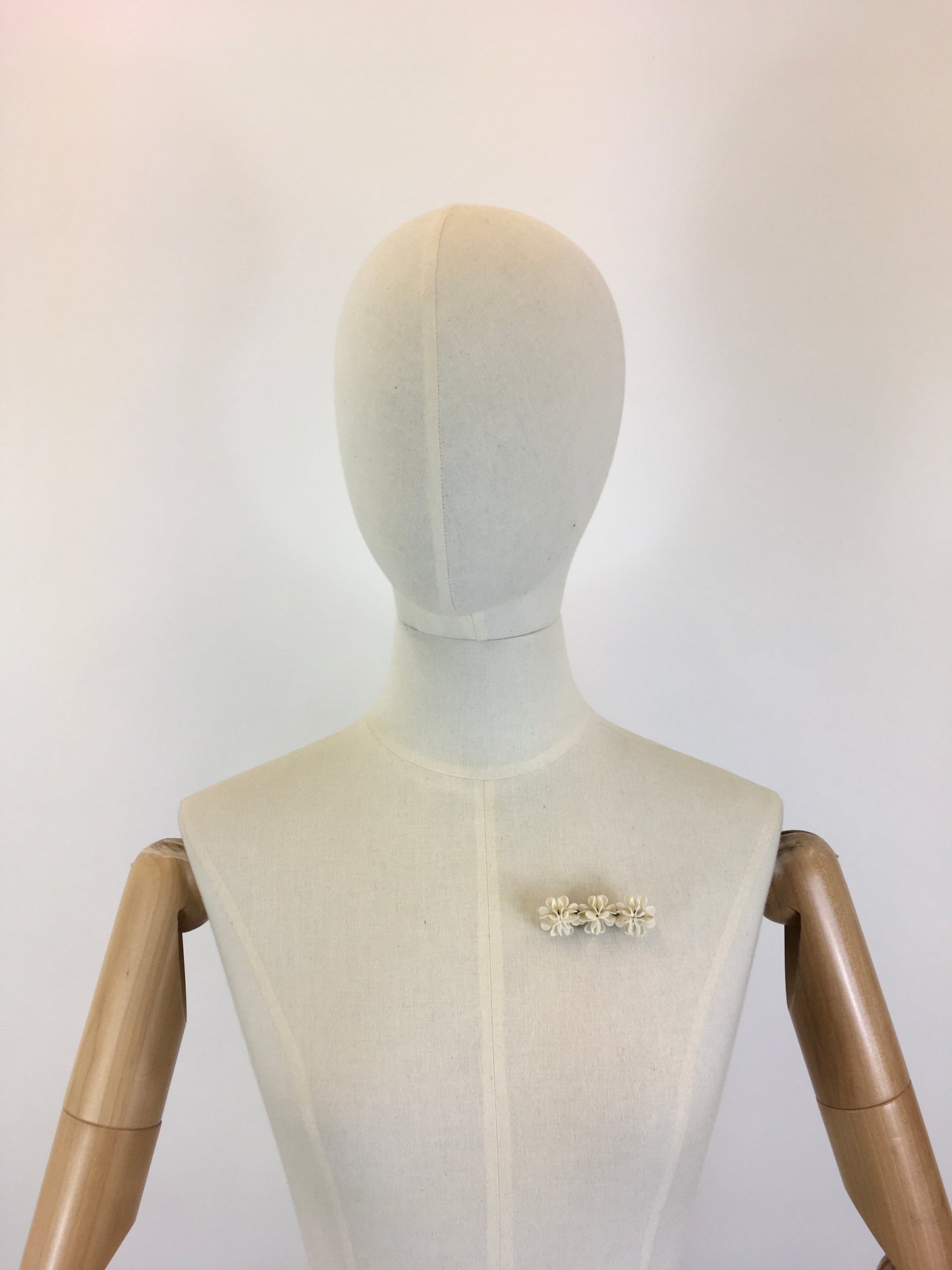 Original Late 1930’s Early 1940’s Celluloid Flora Bar Brooch - In Old White