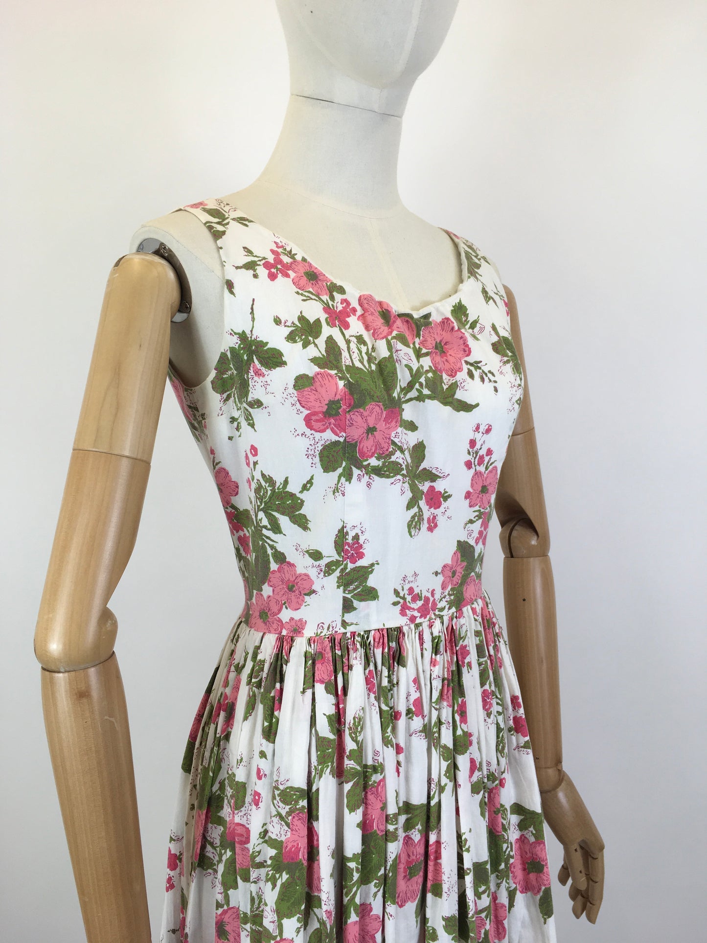 Original 1950’s Darling Cotton Sundress - In A Pink Floral with Green Fauna