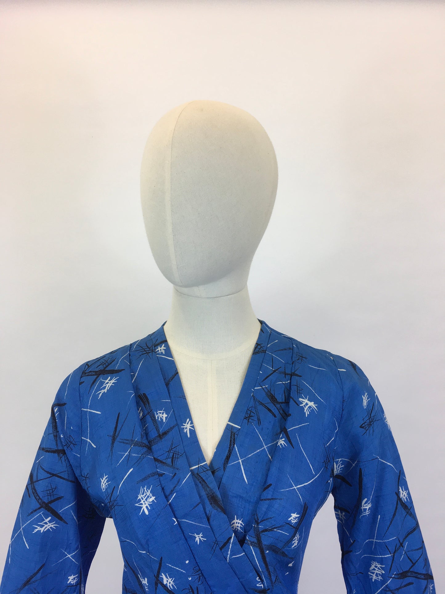 Original 1950’s Fabulous Blue Frock - In An Abstract Print Silk Sateen