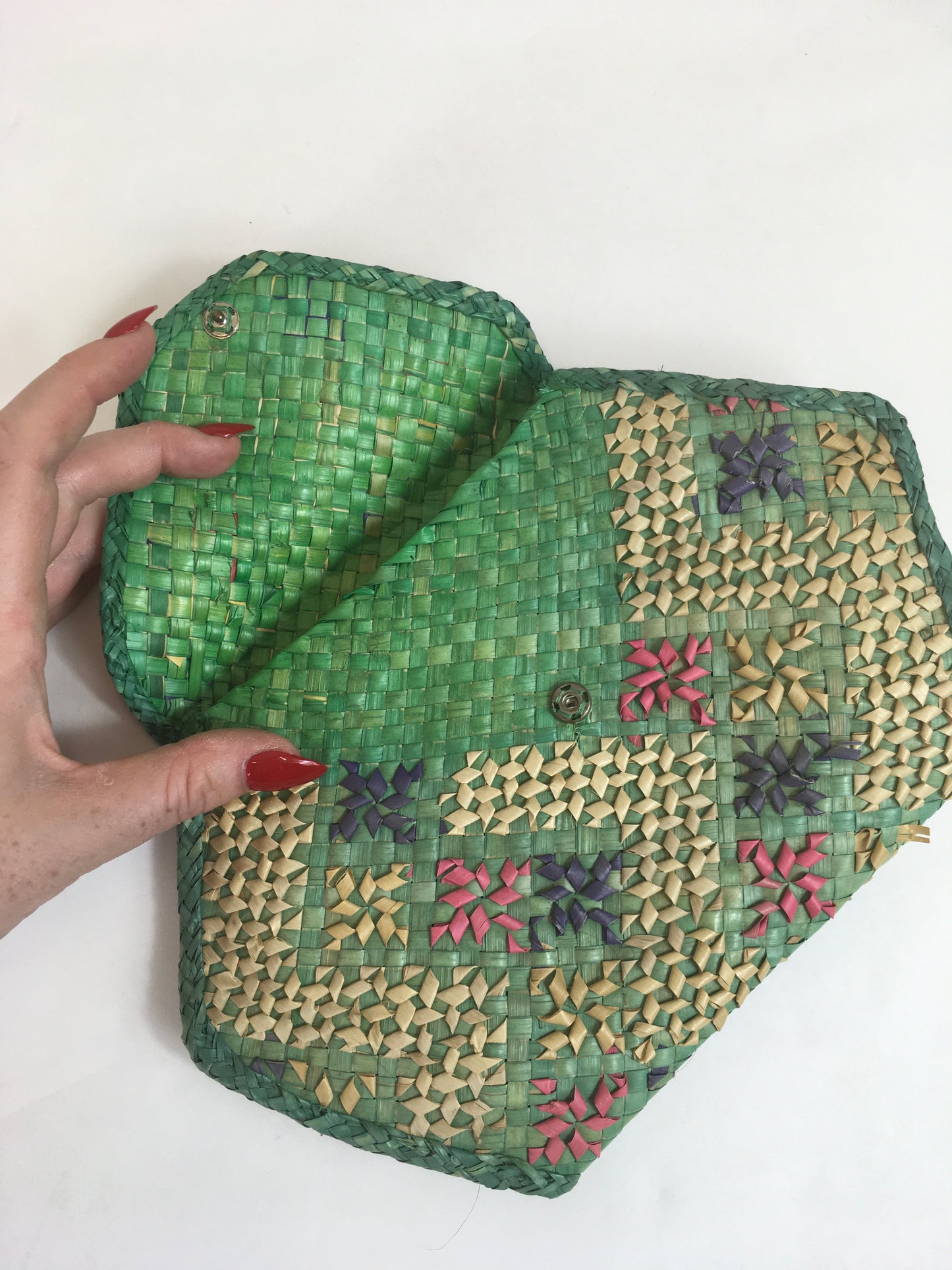 Original 1930’s Eau De Nil Raffia Handbag - With Delicate Rose, Lilac and Beige Hints