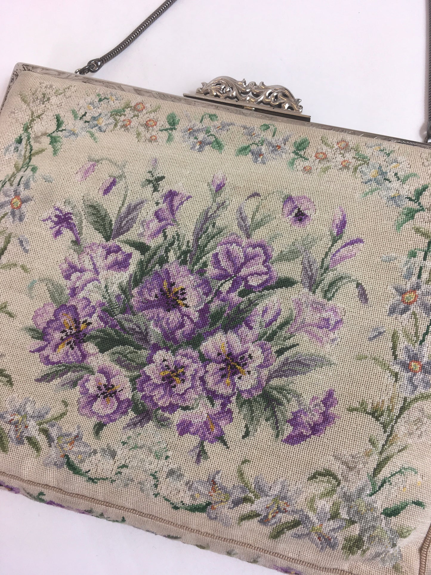 Original 1950’s Floral Tapestry Handbag - By ‘ Harrods’ in Violets, Lilacs and Greens