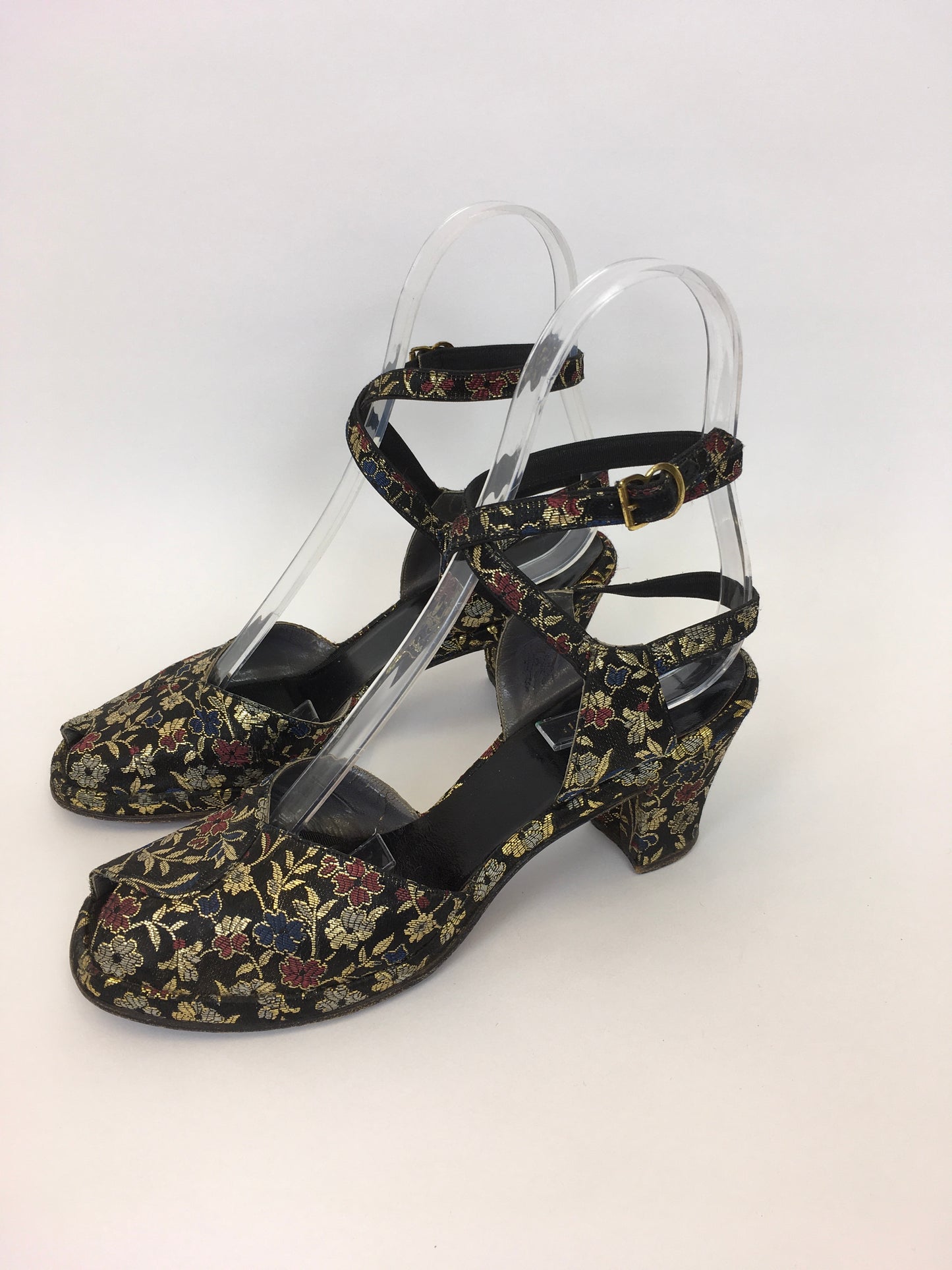 Original 1940s Heeled Sandals In A Beautiful Floral Brocade - Made by The Fabulous ‘ Colella’ American Label