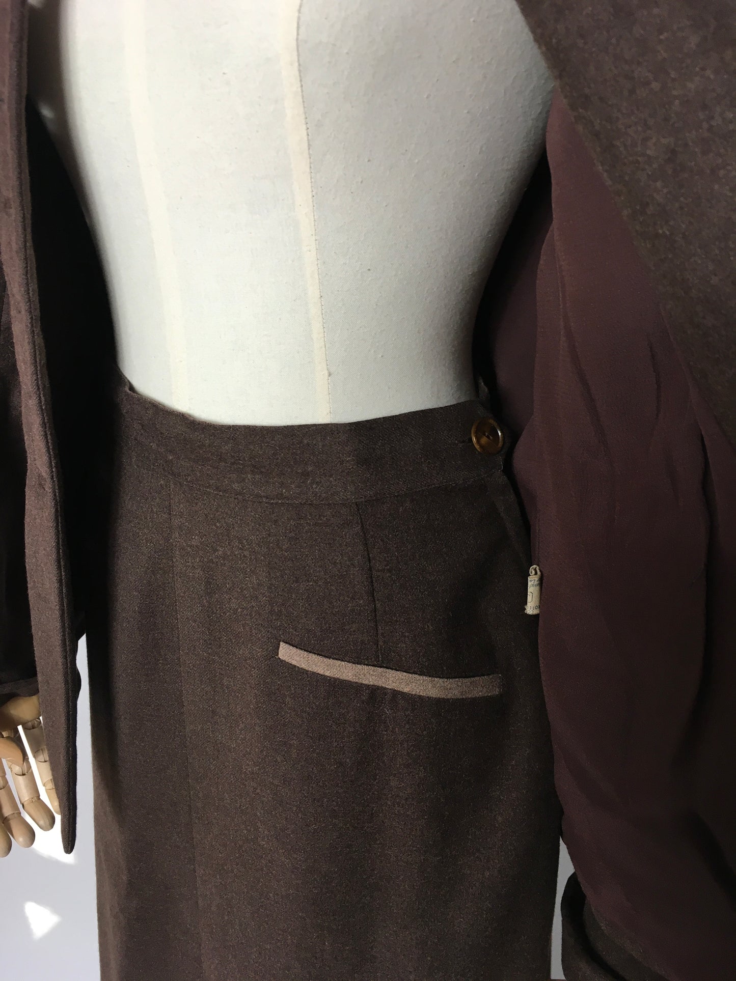 Original 1940’s 2pc Suit in A Lovely Brown Wool, Stunning Detailing and Seamwork