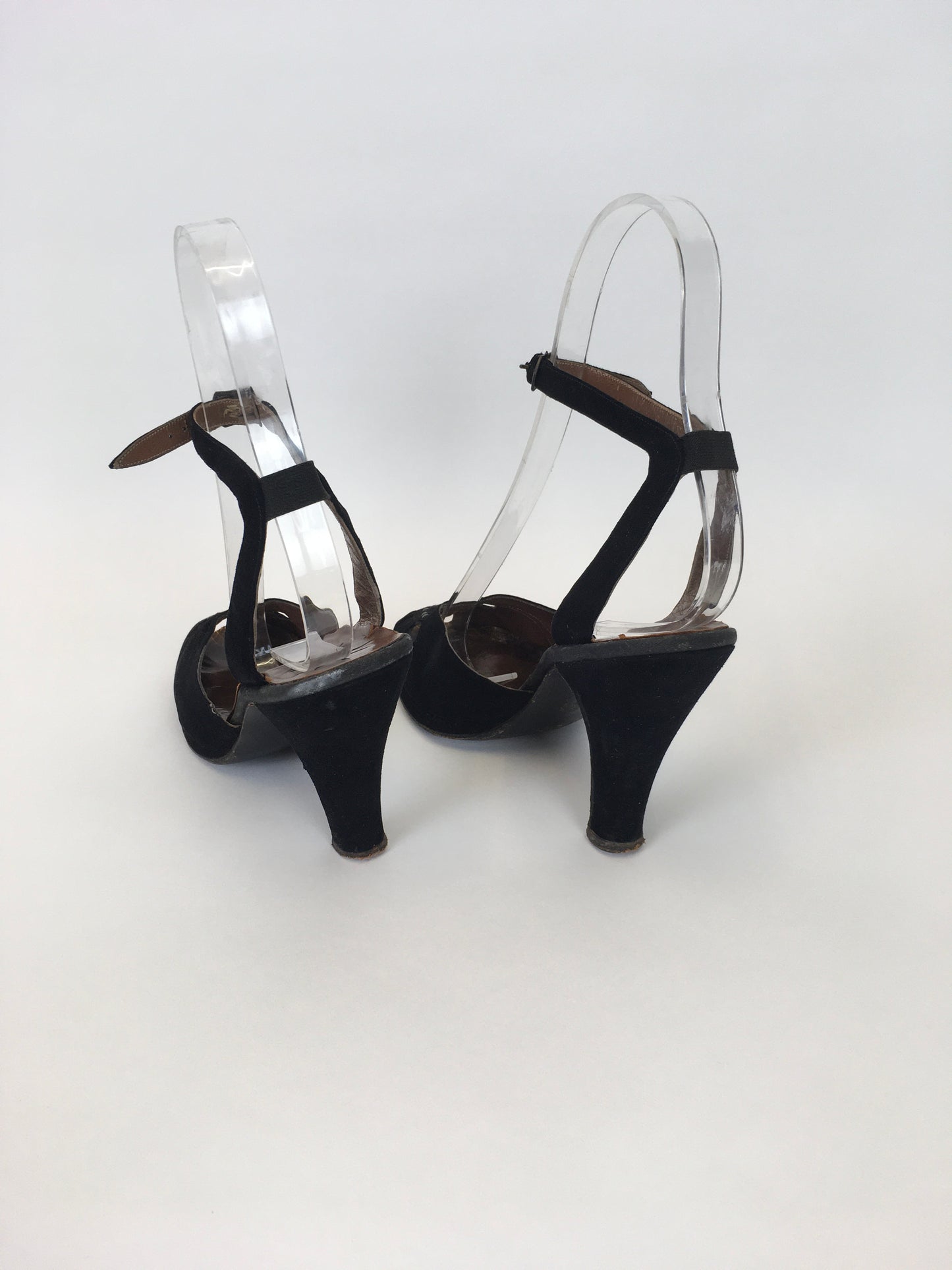 Original 1940s Black Suede Heels - With Peep toe Front Detailing and Buckled Ankle Strap