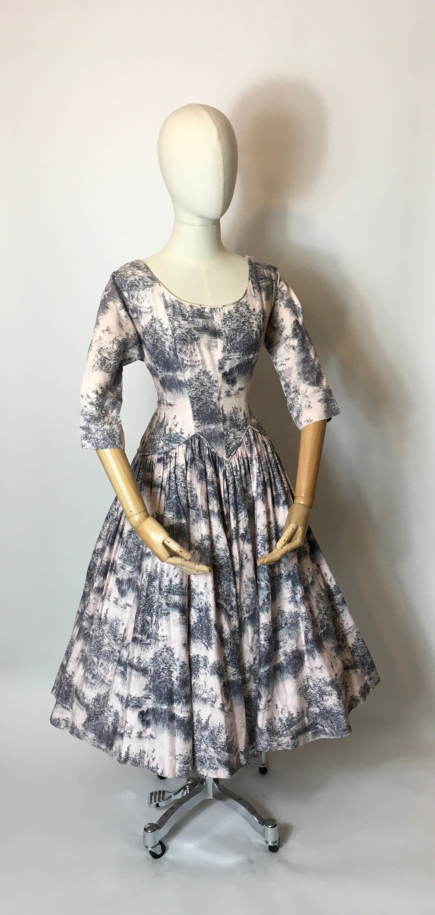 Original 1950s Darling Dress - In the Most Delicate Powder Pink with Charcoal Stencil Overlay Print