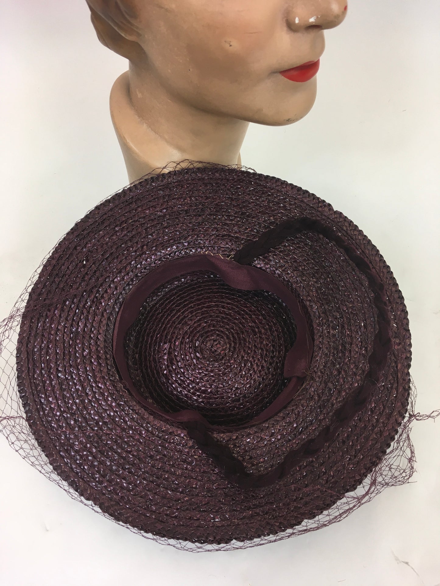 Original 1940's Darling Raffia Tilt Hat with Felt Adornment & Veiling - In Winter Berry