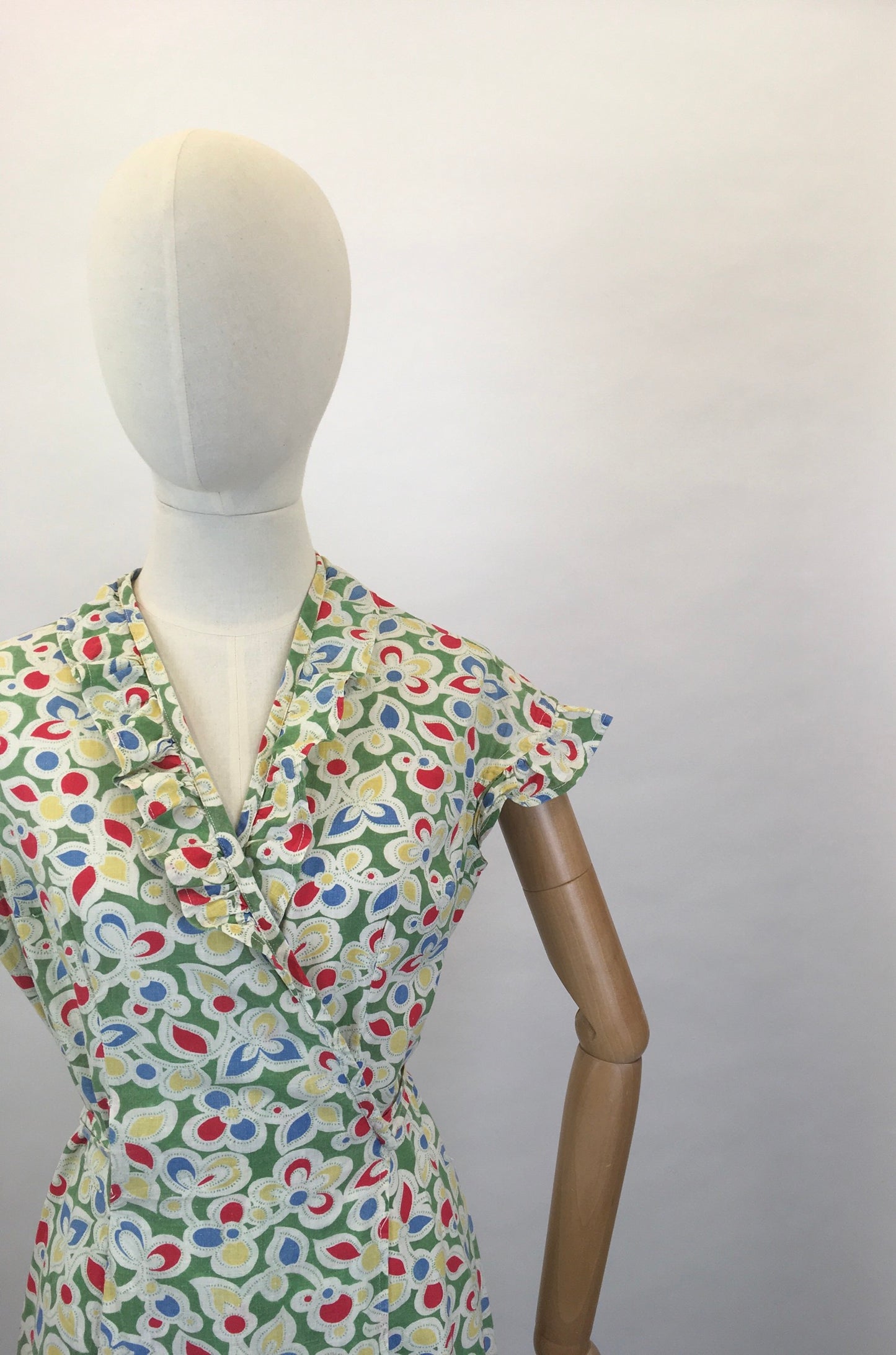 Original Late 1930s Early 1940’s Wrap Dress - In A Beautiful Colour Palette of Deco Green, Yellow, Red and Blue