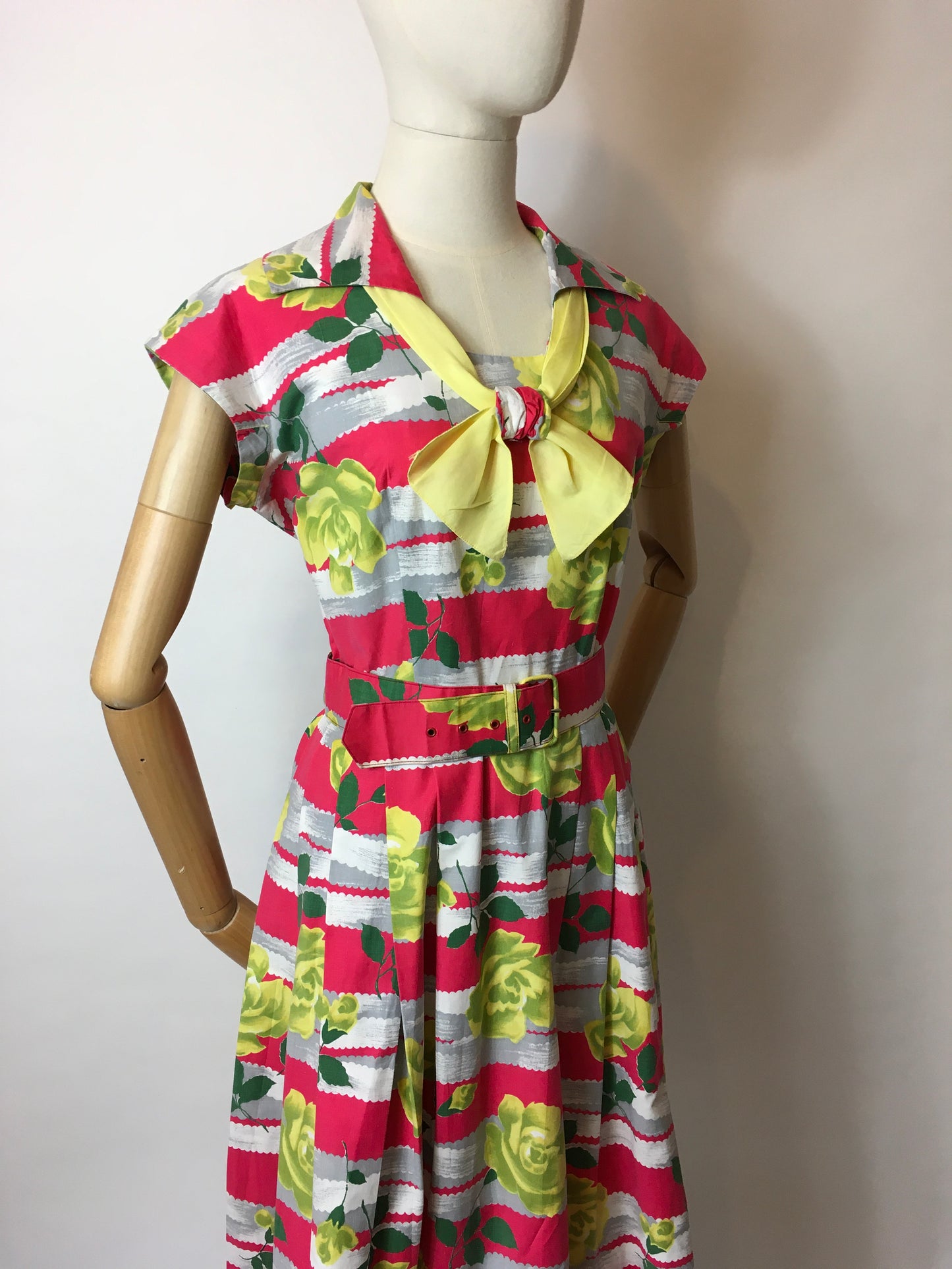 Original 1950s Cotton Day Dress - In a Fabulous Floral Cotton in Bright Pinks, Yellows & Greens