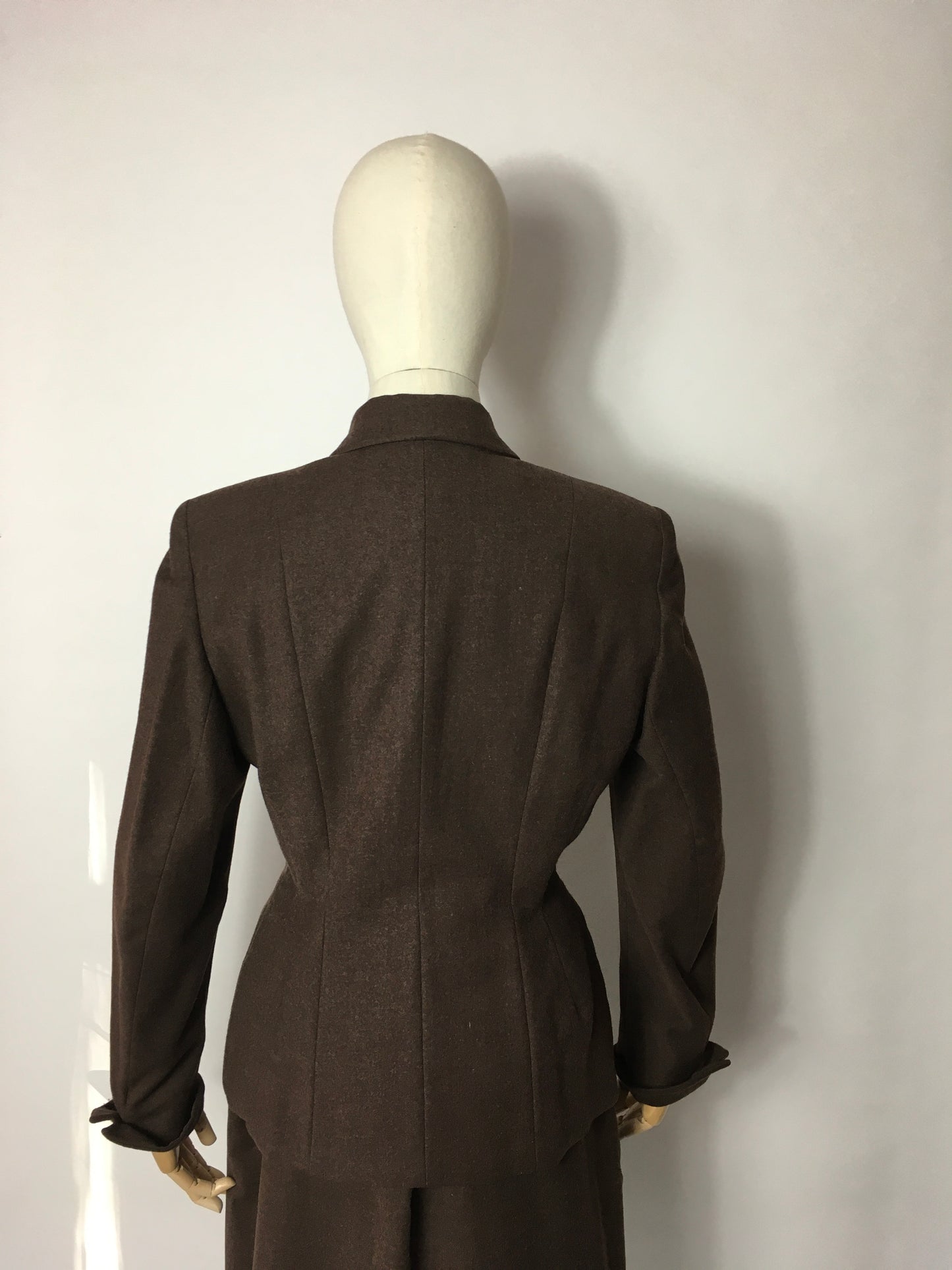 Original 1940’s 2pc Suit in A Lovely Brown Wool, Stunning Detailing and Seamwork