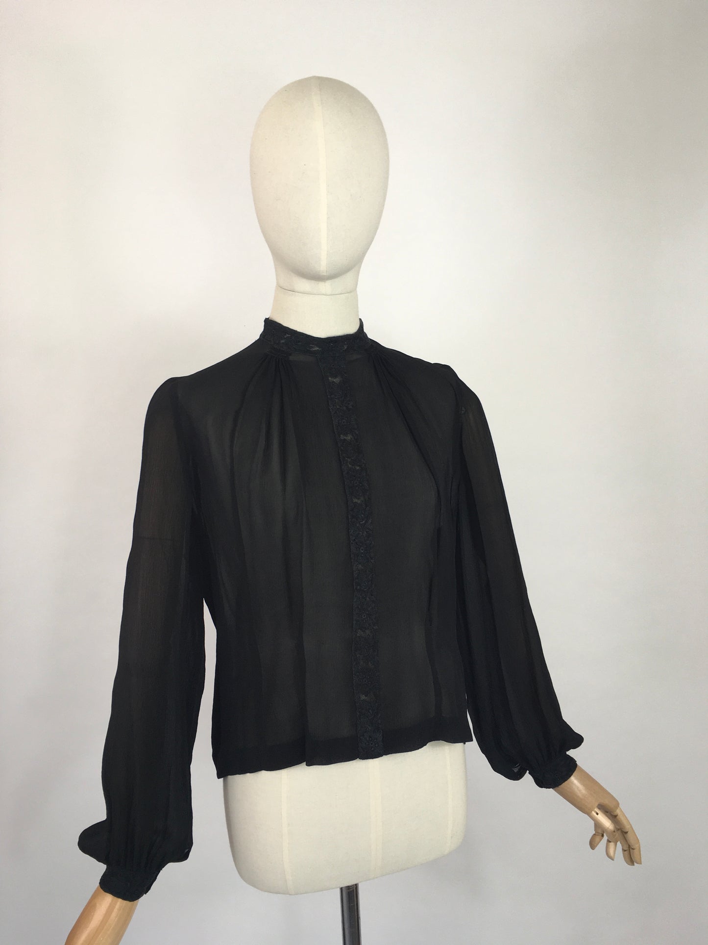 Original 1940’s Darling Sheer Black Blouse - With Beautiful Contrast Lace Detailing