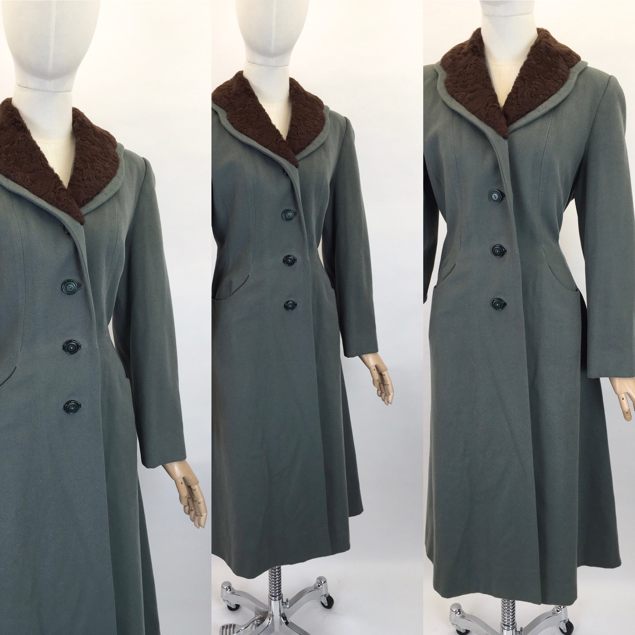 Original 1940s Duck Egg Wool Princess Coat with Fur Trim