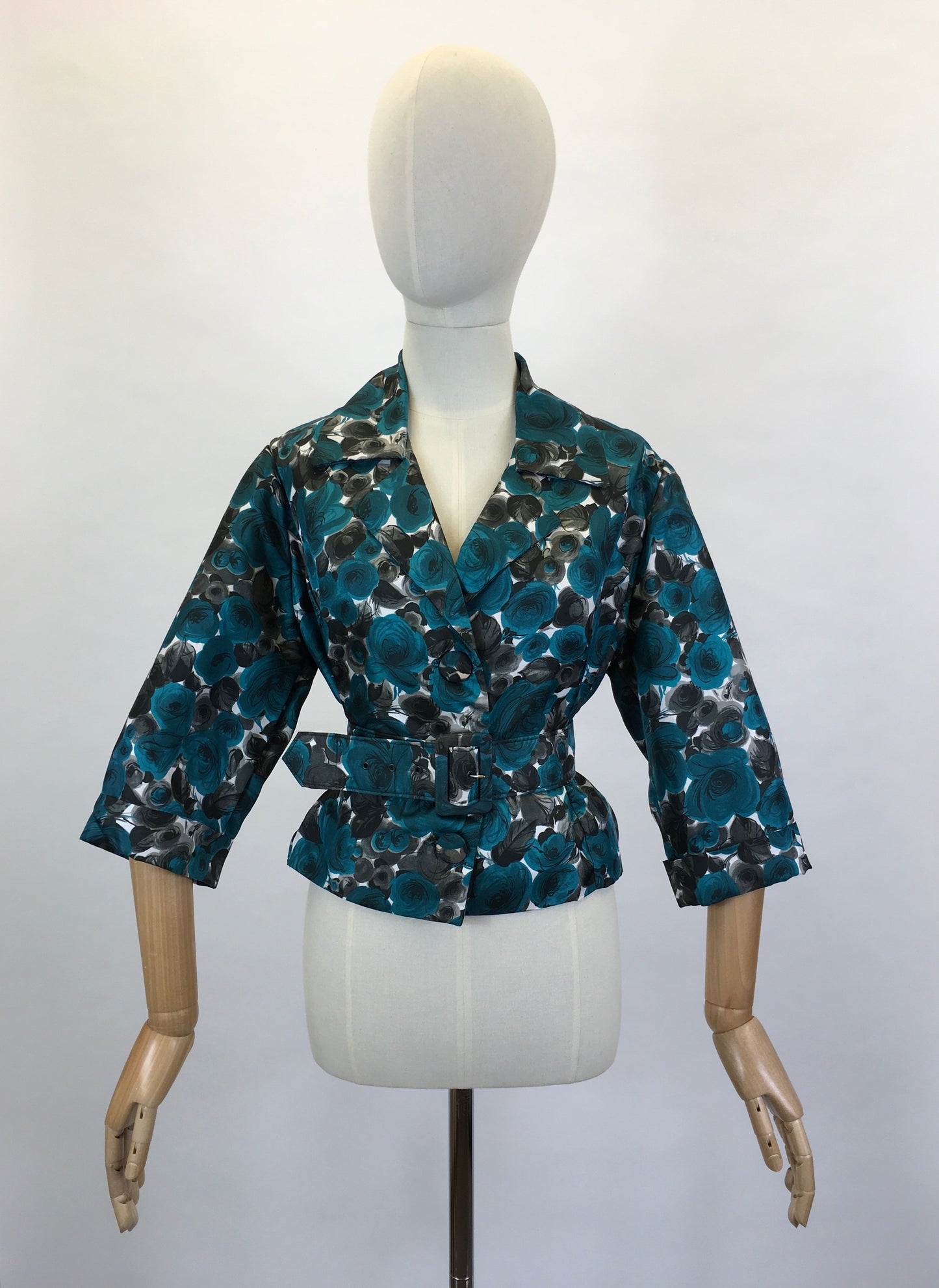 Original 1950’s Floral Jacket & Belt Set - In A Bright Turquoise, White and Charcoal