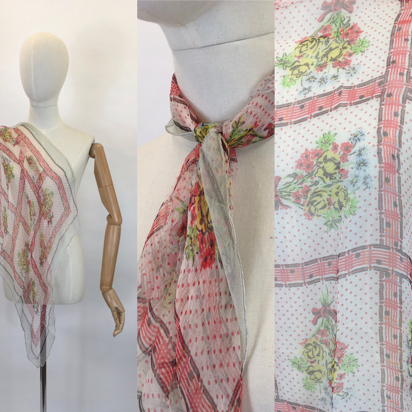 Original Early 1950’s Floral Chiffon Scarf - In Dainty Reds, Yellows, Greens and Blues