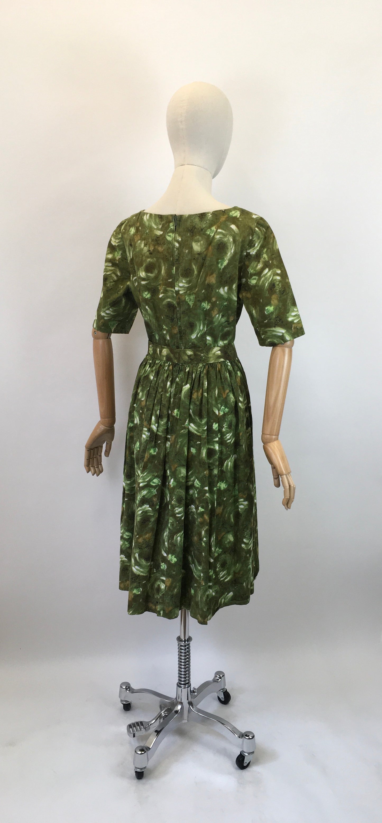 Original 1950's Darling Cotton Day Dress  - In Fresh Greens & Chocolate Browns