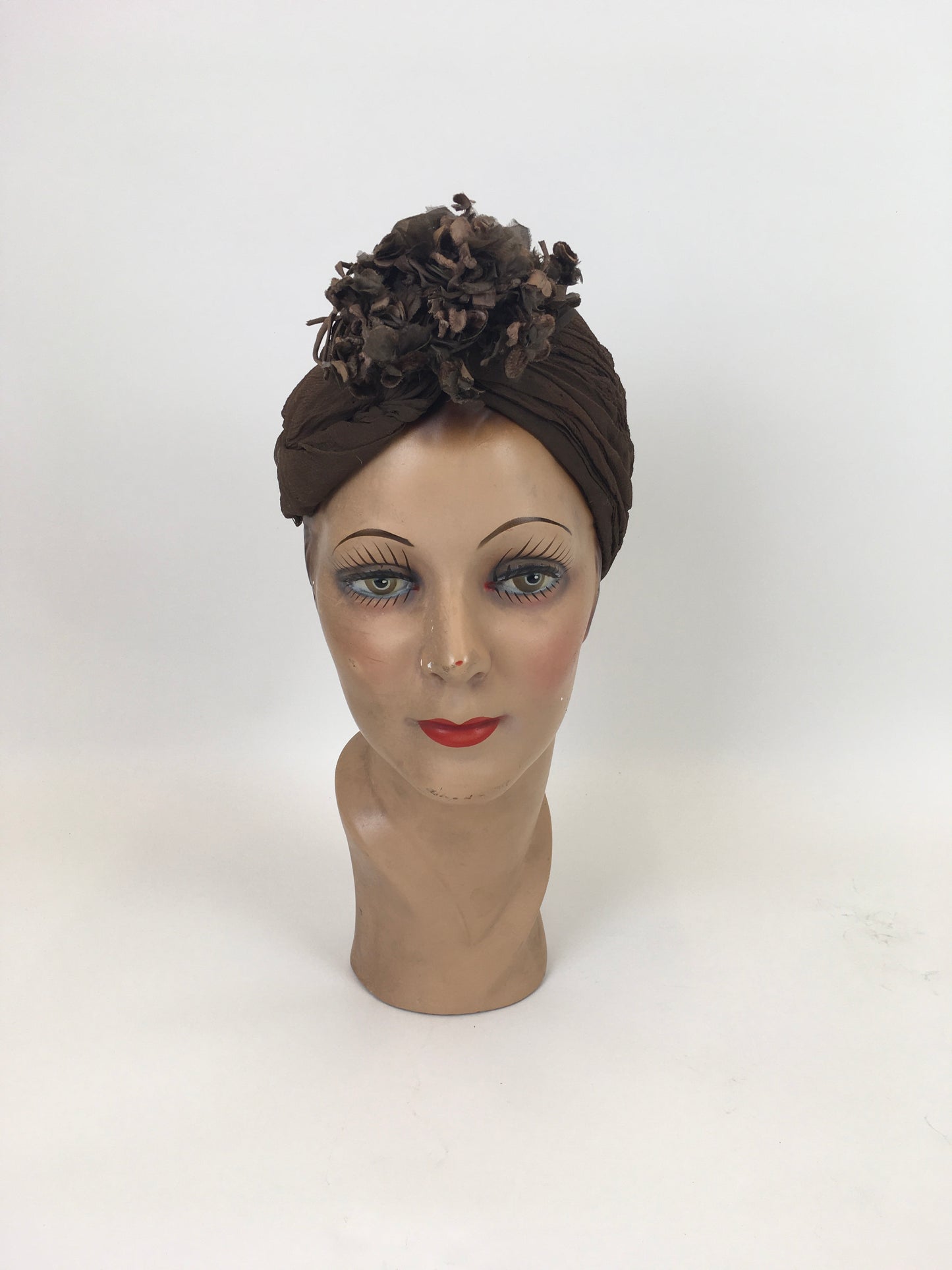 Original 1940’s Fabulous Turban Hat by ‘ Harrods’ - In Chocolate Brown Chiffon with Velvet Millinery