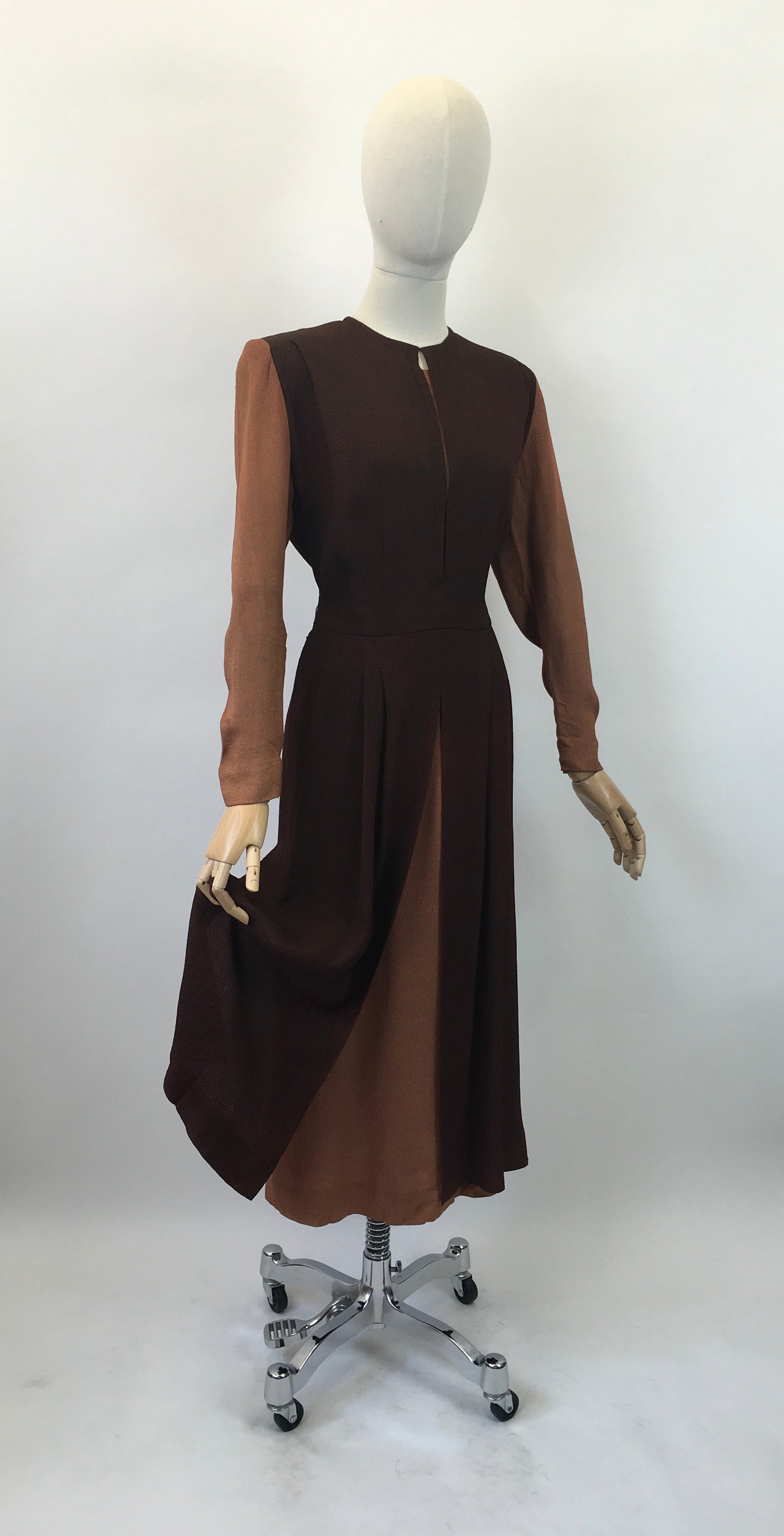 Original Sensational Late 1930's Early 1940's Dress - In Chocolate Brown and Warm Cinnamon Waffle Crepe