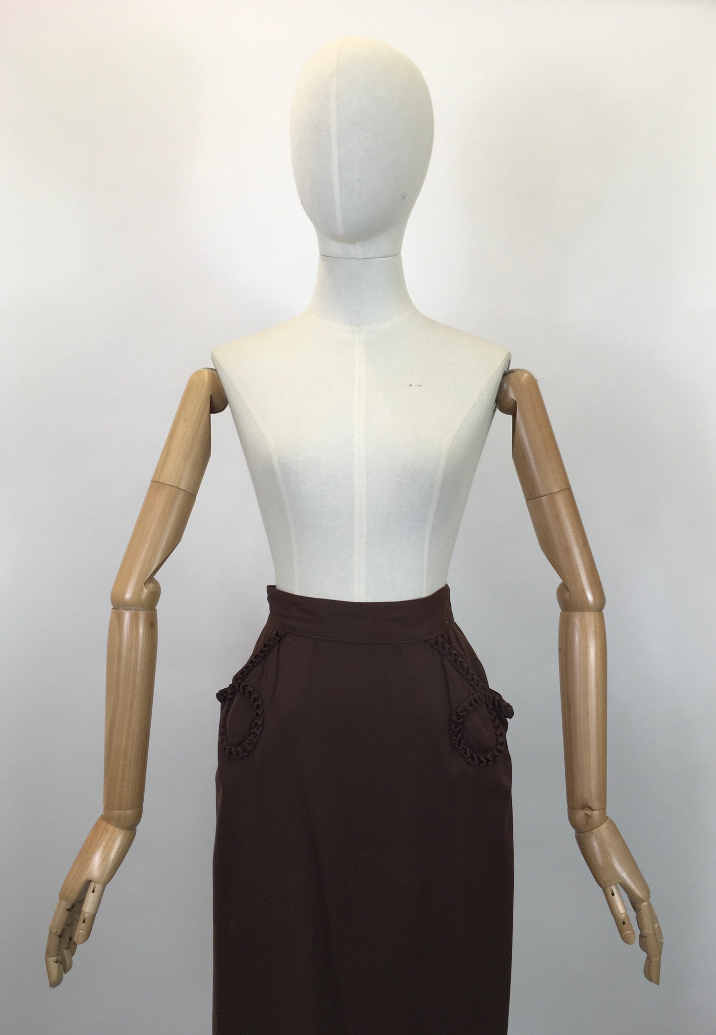 Original 1940's Fabulous Gabardine Skirt in Chocolate Brown - With Decorative Pocket Detailing