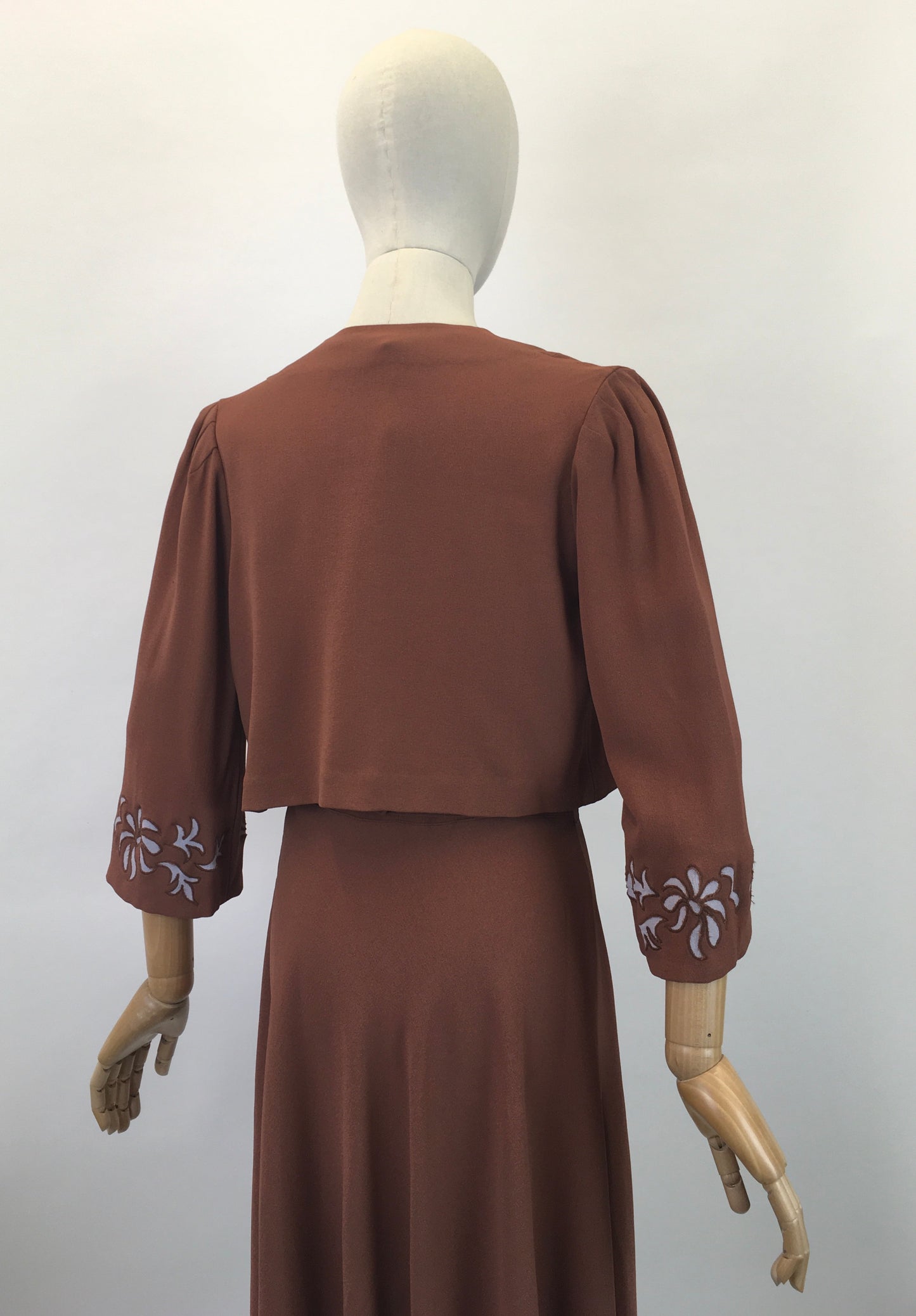 Original 1940's Darling 2Pc Dress & Bolero Set - In A Soft Brown With Grey Accents