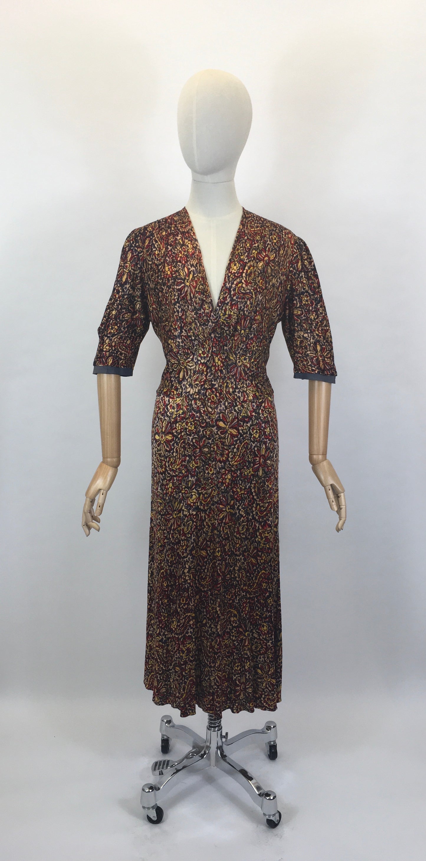 Original 1940’s STUNNING Rayon Jersey Dress AS IS - In Reds, Purples, Yellows & Navy