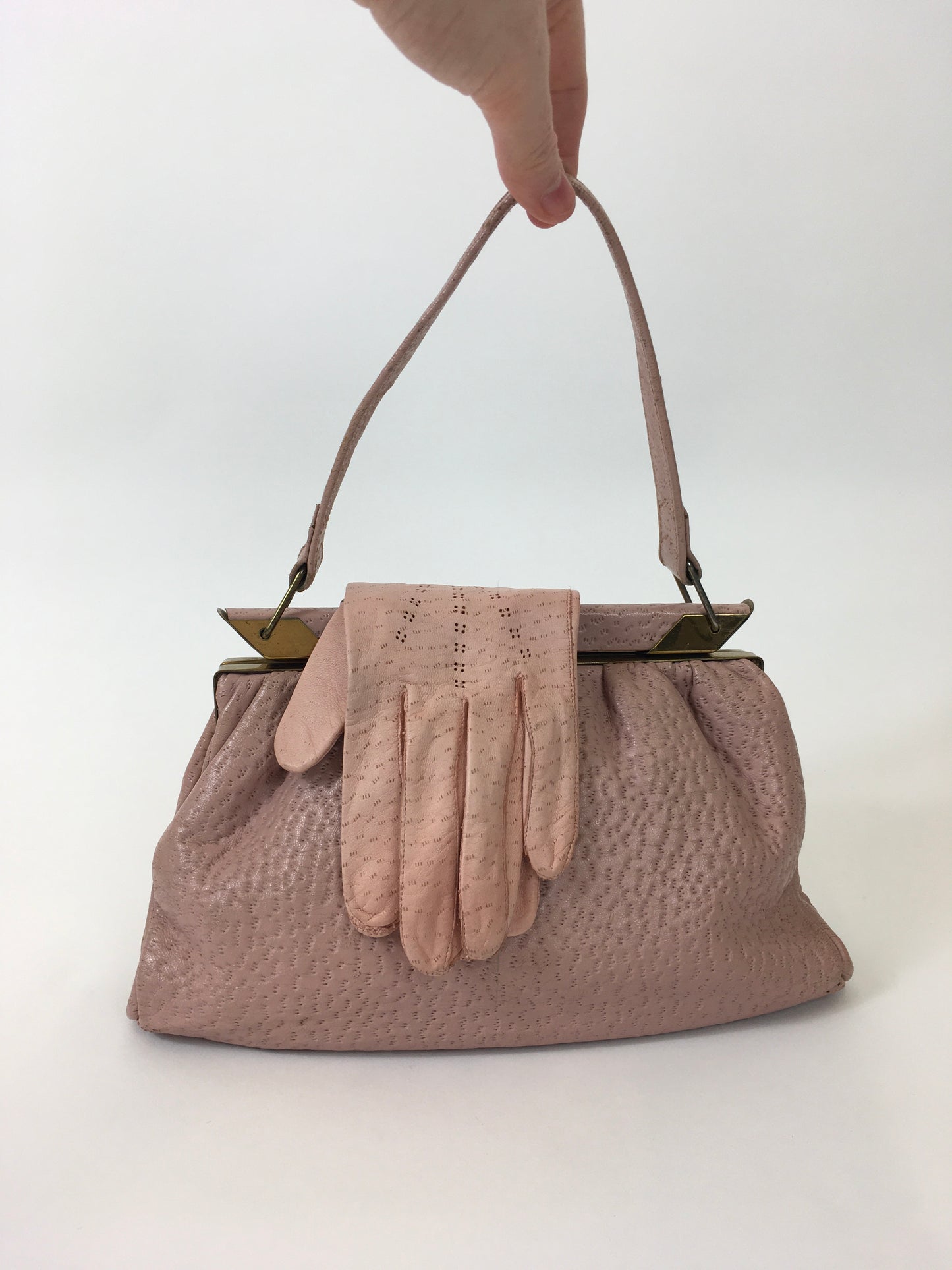 Original 1950’s Ostrich Leather Handbag and Gloves - In a Beautiful Powder Pink