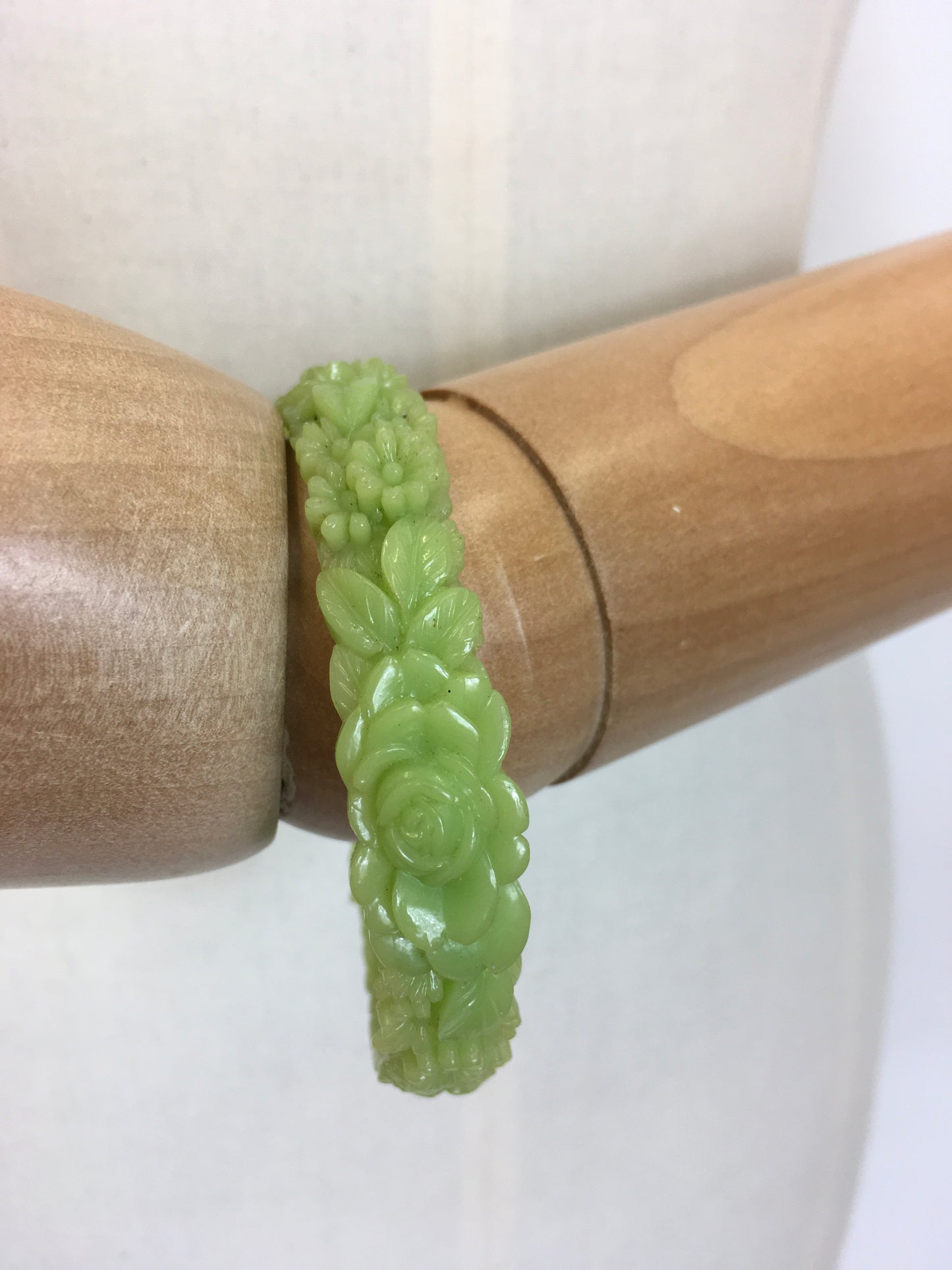 Original 1930’s Carved Floral Celluloid Bangle - In Deco Green