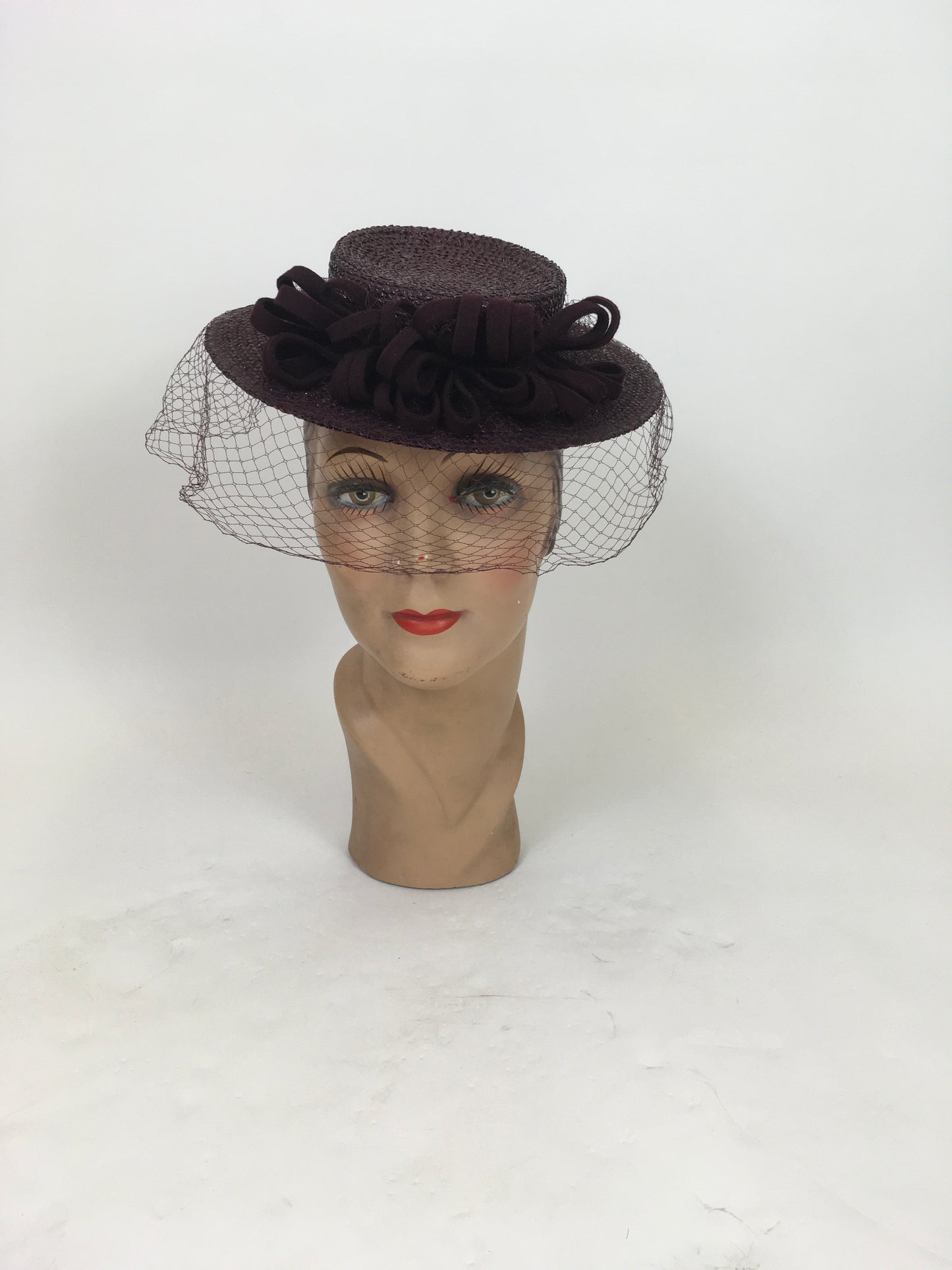 Original 1940's Darling Raffia Tilt Hat with Felt Adornment & Veiling - In Winter Berry