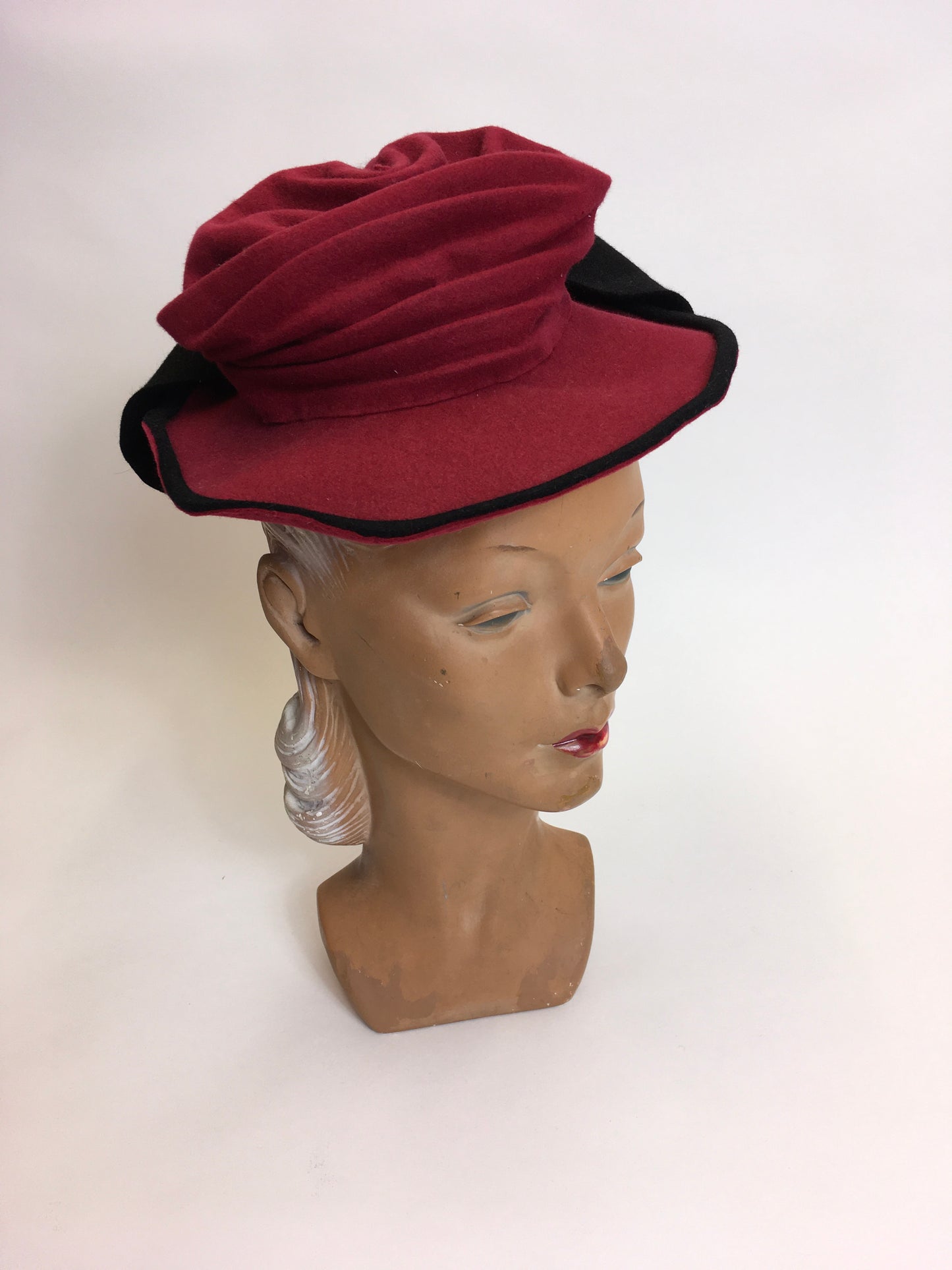 Original 1940’s Felt Topper Hat - In a Raspberry Red with Black Detailing