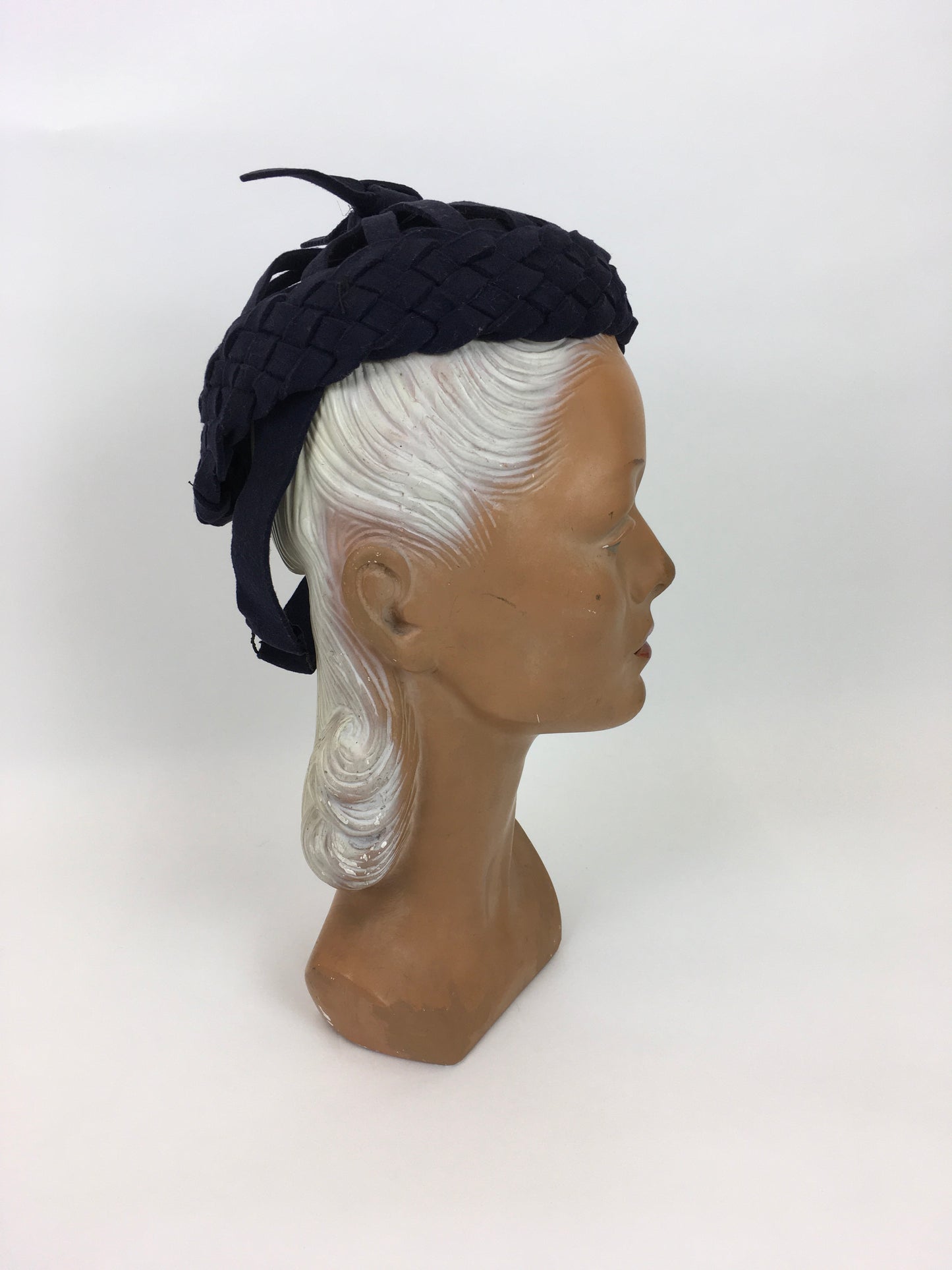 Original 1940s Navy Felt Topper Hat - Featuring Lattice and Weave Felt Work with Bow