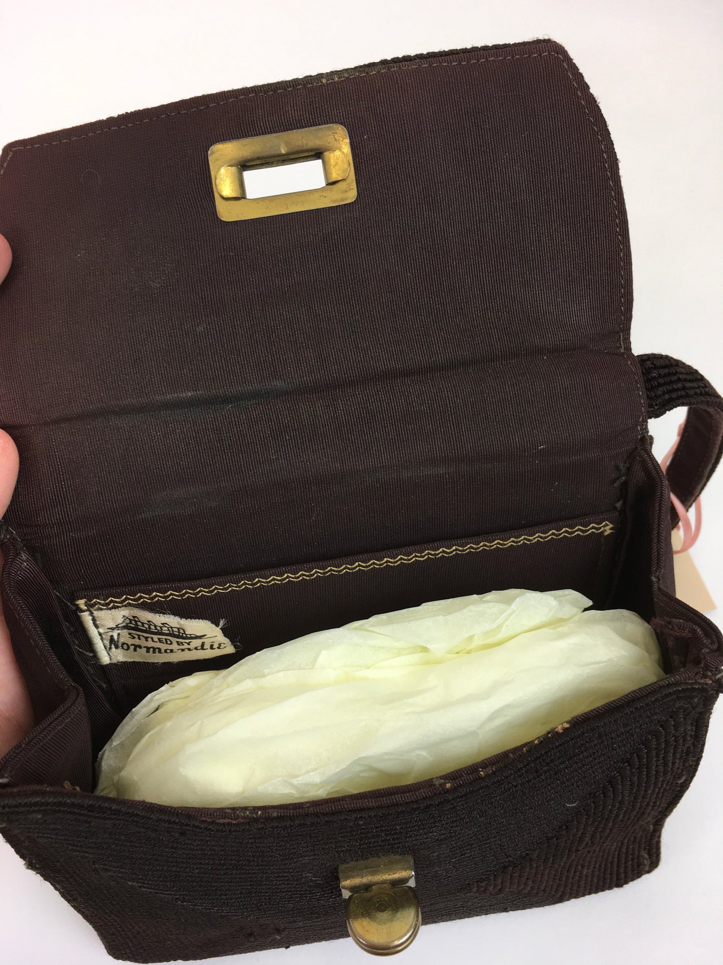 Original 1940s Warm Brown Corde Bag - ‘ Styled By Normandic ‘ with Brass Detailing