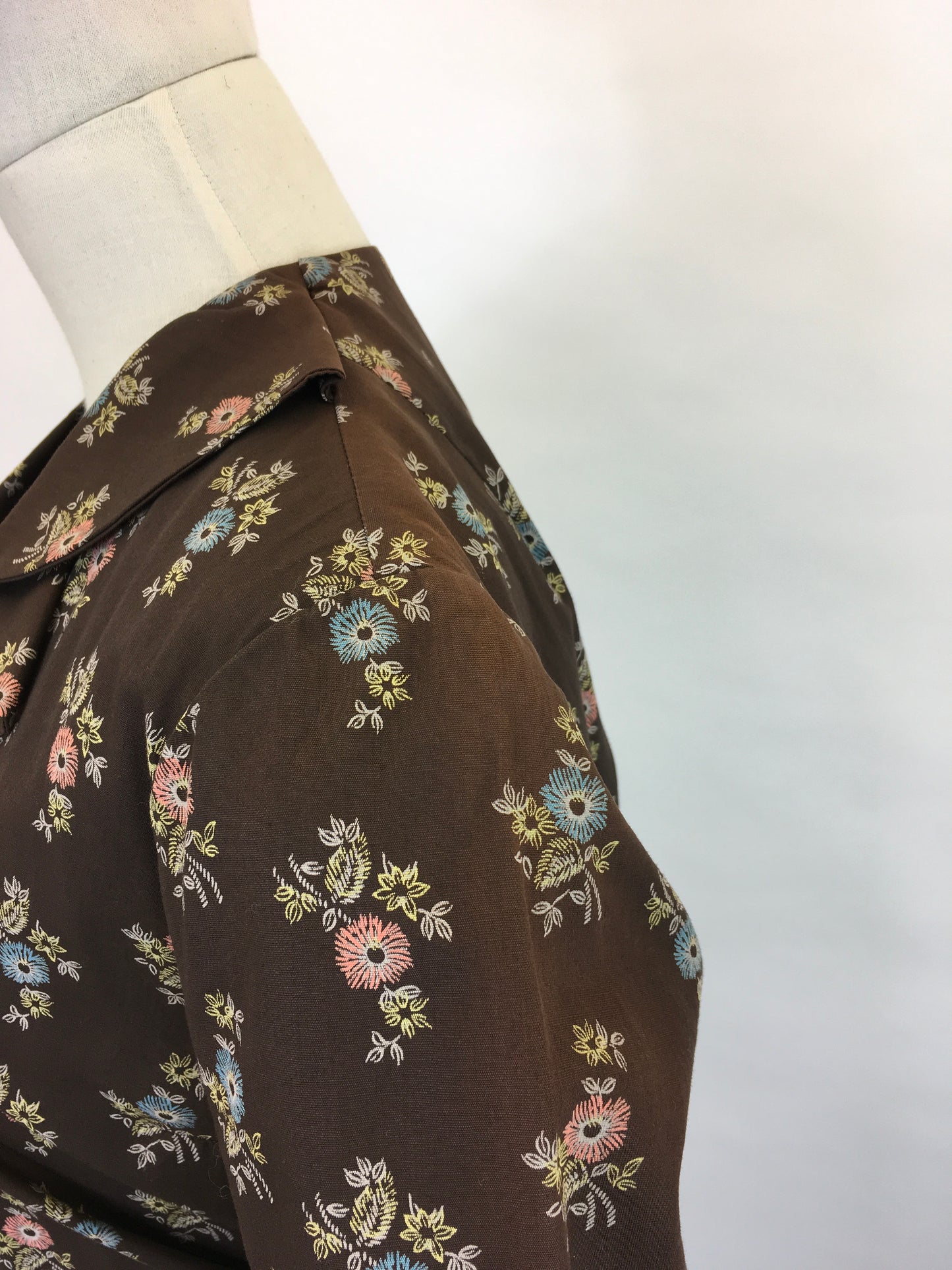 Original 1950’s Cute Floral Handmade Dress - Lovely Warm Brown, Terracotta, Blue and Greens